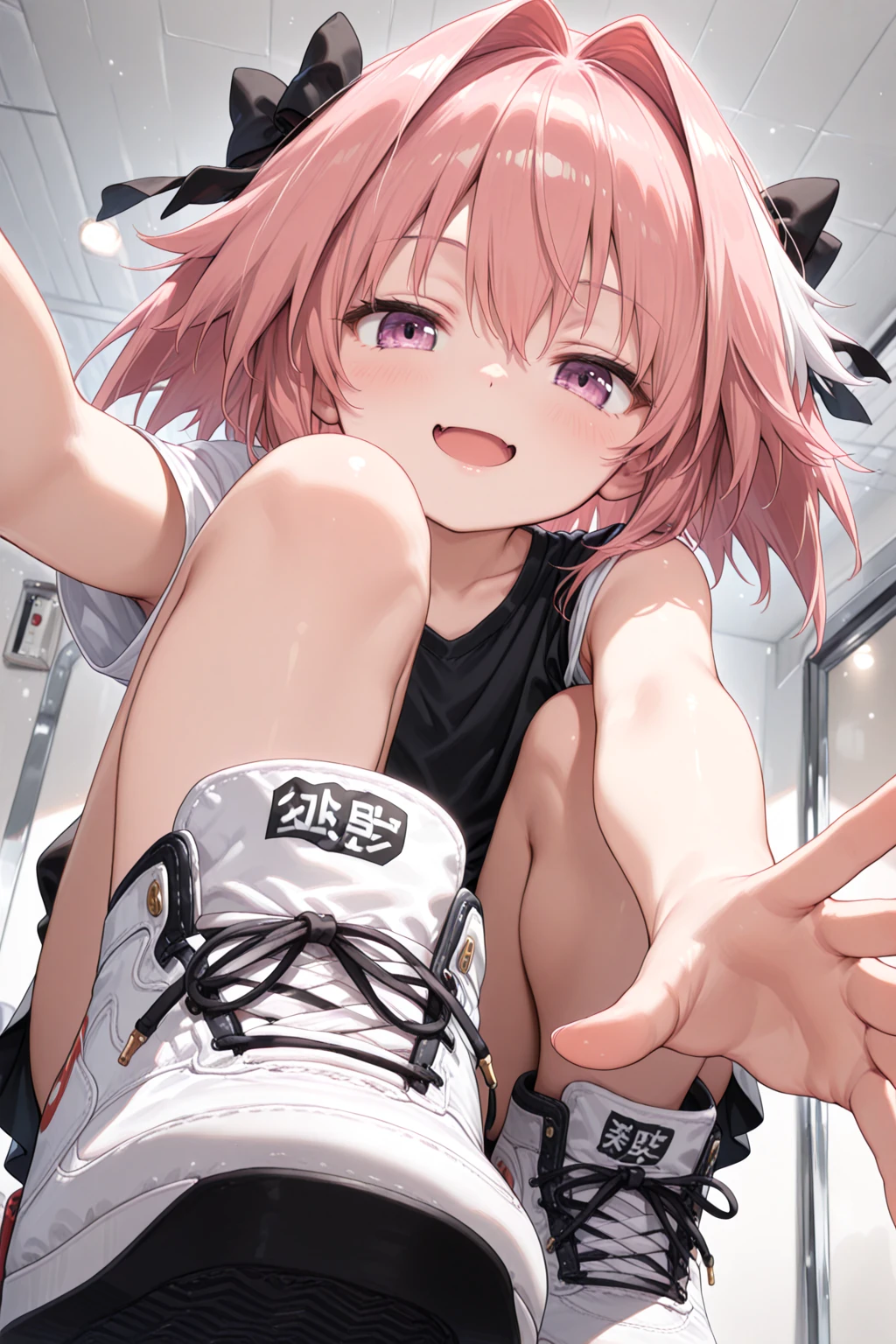 pink hair black glasses pink eyes extremely blushing a big pink sweater short black skirt black stockings white tennis shoes that is a reserved girl that is pouting