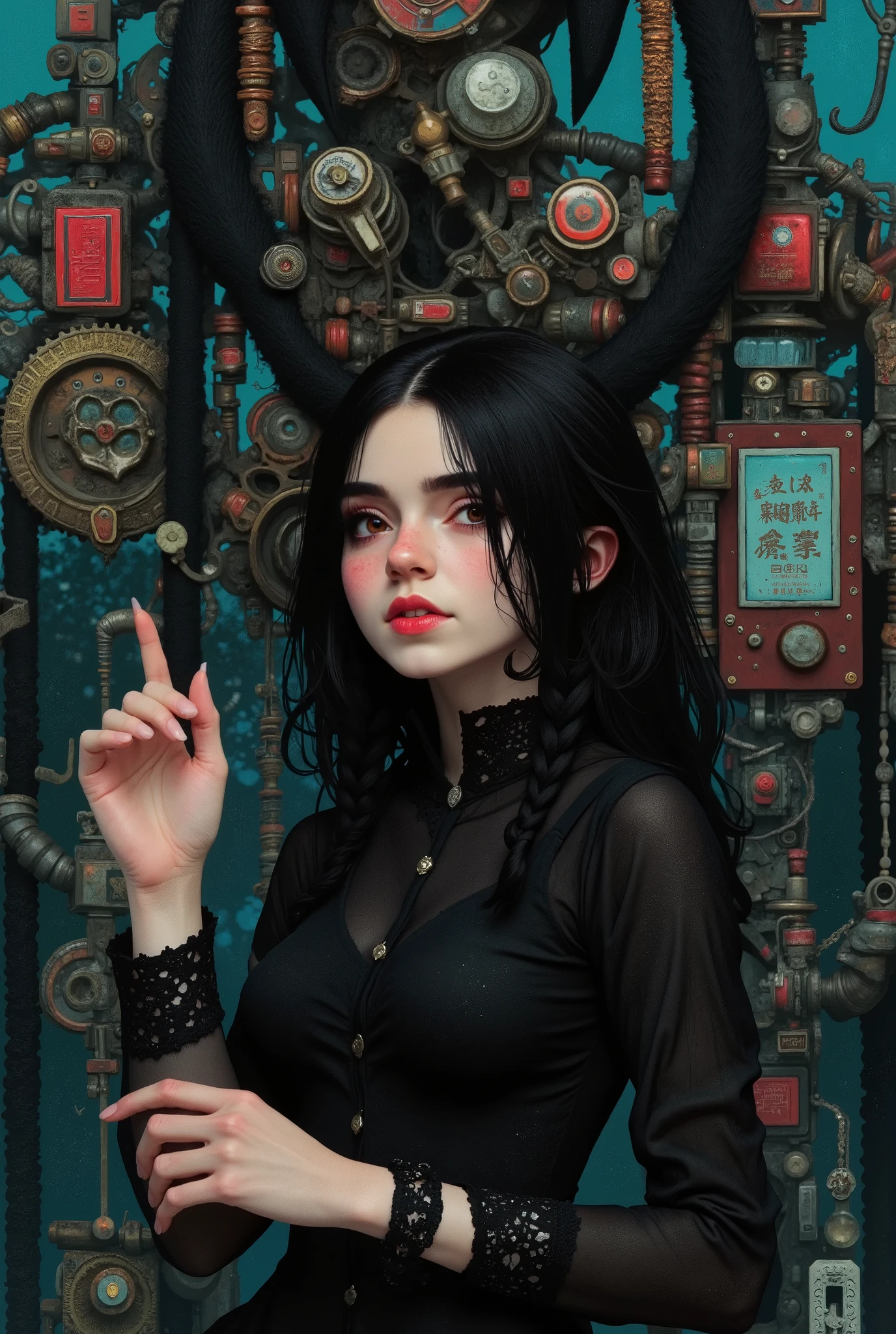 In a cinematic and hyper-realistic scene, woman fixing a giant imposible machine