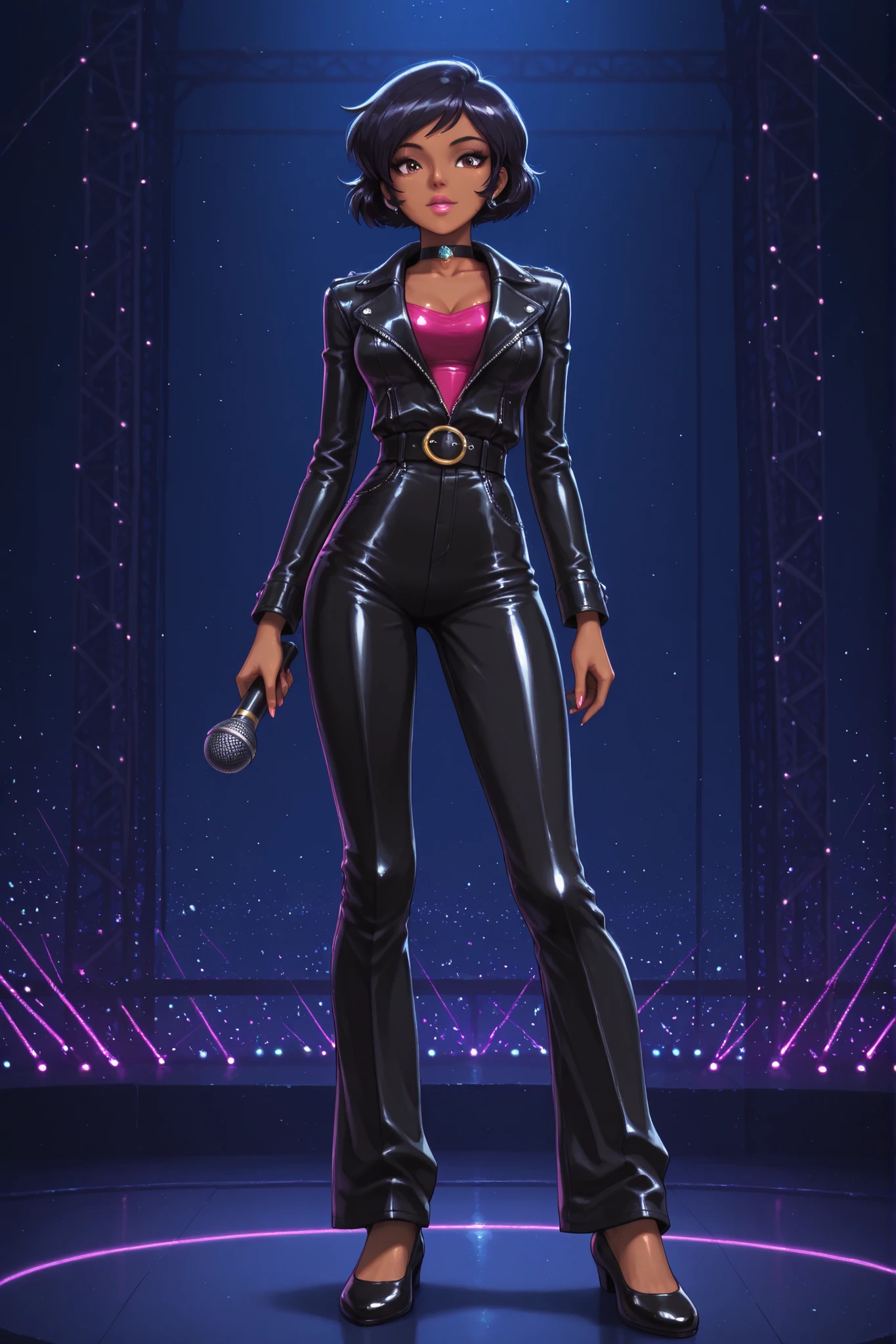 masterpiece, best quality, good quality, cartoon, totally_spies_2k24 alex, black hair, short hair, brown eyes, dark-skinned female, pink lips, medium breasts, choker. |   medium full shot) of (edgy pop singer) woman , wearing a leather jacket , wide-leg trousers with sleek design , ballet flats , smoky eye shadow , holding a microphone with rhinestones , silk scarf , set in a vibrant concert stage , with dynamic lighting , energetic audience , sleek microphones , stylish props , modern decor , at night , Masterpiece , best quality , photo , realistic , very aesthetic , detailed face , a singer in a bar , a bar , a stage , tobacco smoke , dim light , neon beams