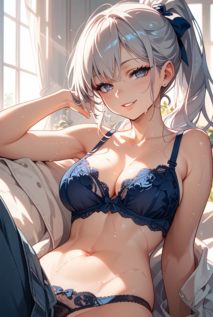 beautiful girl, Gray Hair, blue eyes, Sexy blue underwear, Big Breasts