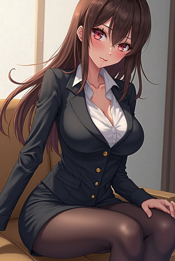 Erotic Idol Master Minami Nitta, tall, brown hair, big breasts, mature married woman school uniform blazer Dress shirt Bedroom with hearts on a black background Dark theme Evil depravity Temptation Excitement Condescending smile Sexy pose Emphasis on upper body Looking up sit High heels Amitants