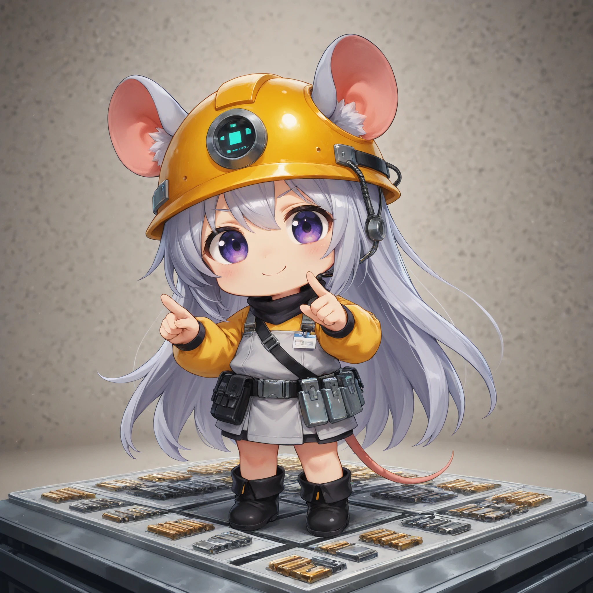 chibi,Highest Quality, ultra high definition, Anime style expression, 2.5-headed Mouse Girl, 1 person, gray long hair, purple eyes, Concealed Hair, Adorable Smile, anatomically correct finger placement, yellow helmet, Blue Tsunagi , tool belt, black boots, Electronic machines in parallel to the shed, Pile of PCBs, Cluttered workshop, Technician atmosphere