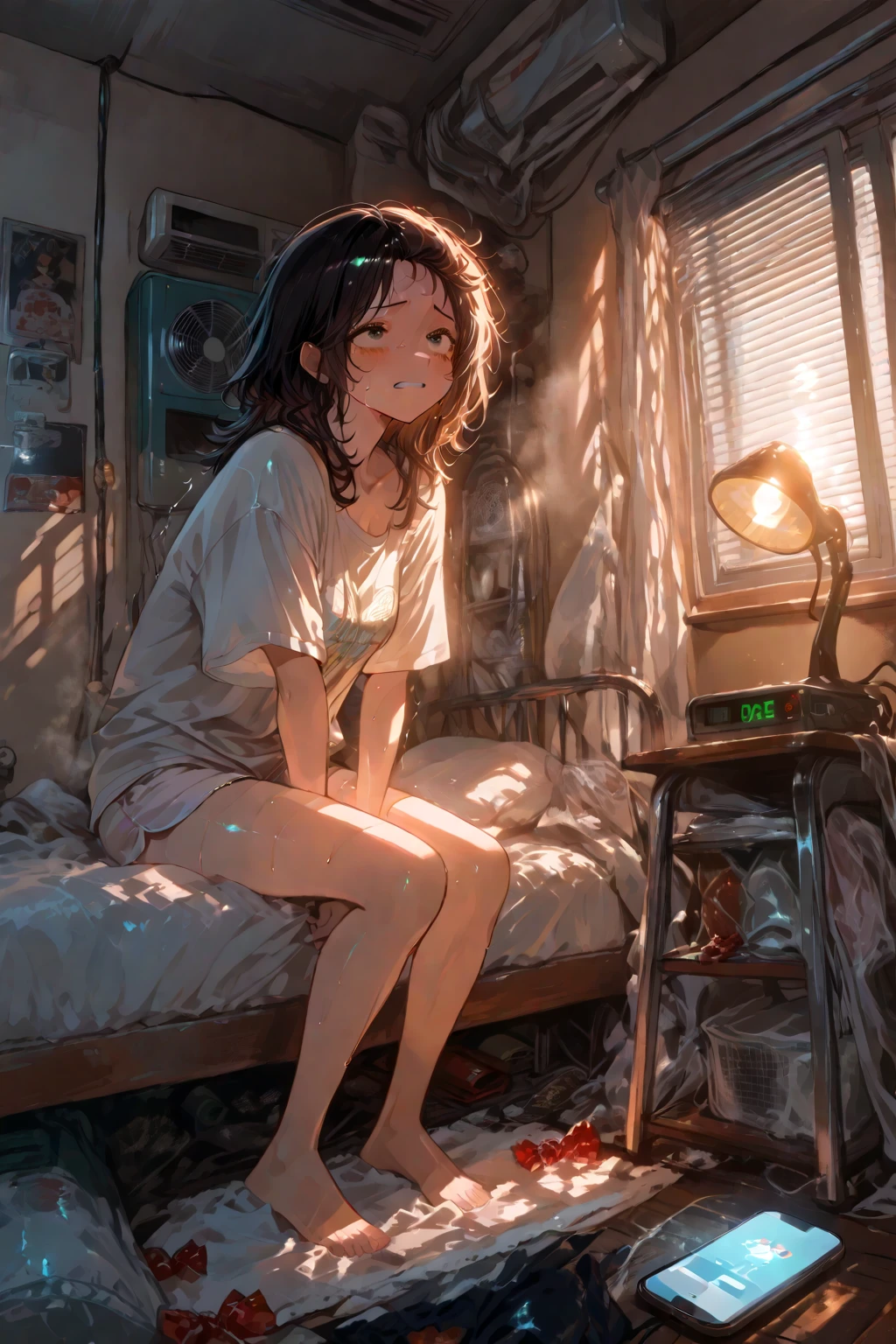 Refreshing morning light, iridescent highlights, A cool woman around 25 years old, I'm sleepy on the blank white sheets, Navy blue long hair, Wearing a chubby T-shirt