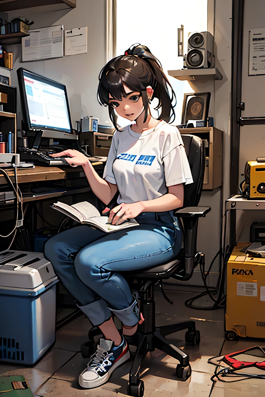 Girl with a ponytail,,white shirt,jeans，Sneakers，，repairing a boombox，can you draw a woman repairing home appliances by herself，tool box in the background，Welder，A metalworking machine，is placed，can be repaired by one person，