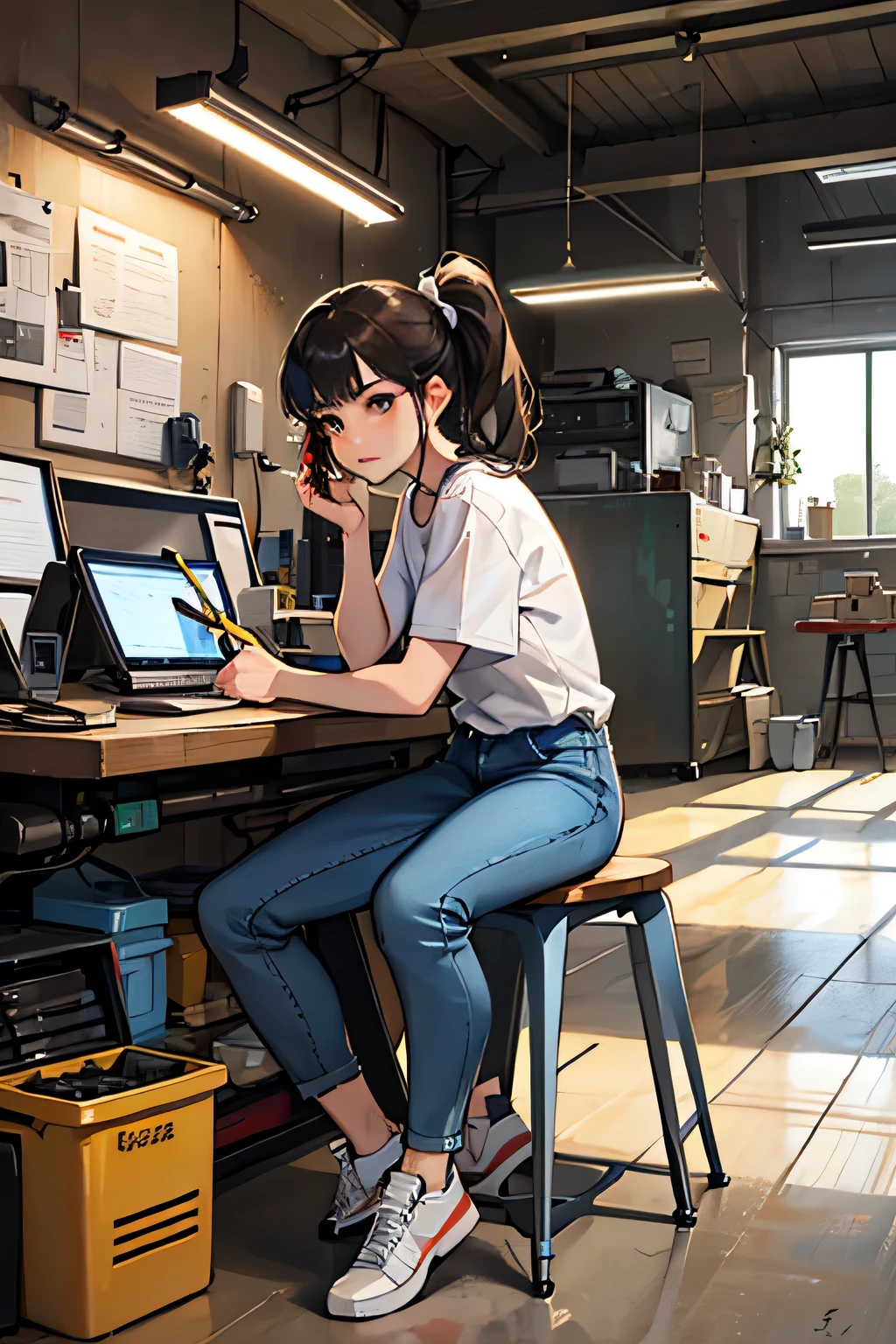 girl in ponytail,,white shirt,jeans,Sneakers,,Boombox repair,can you draw a woman repairing household appliances herself?,toolbox in the background,Welder,A metalworking machine,is placed,can be repaired by 1 person,can you draw leg details more accurately,