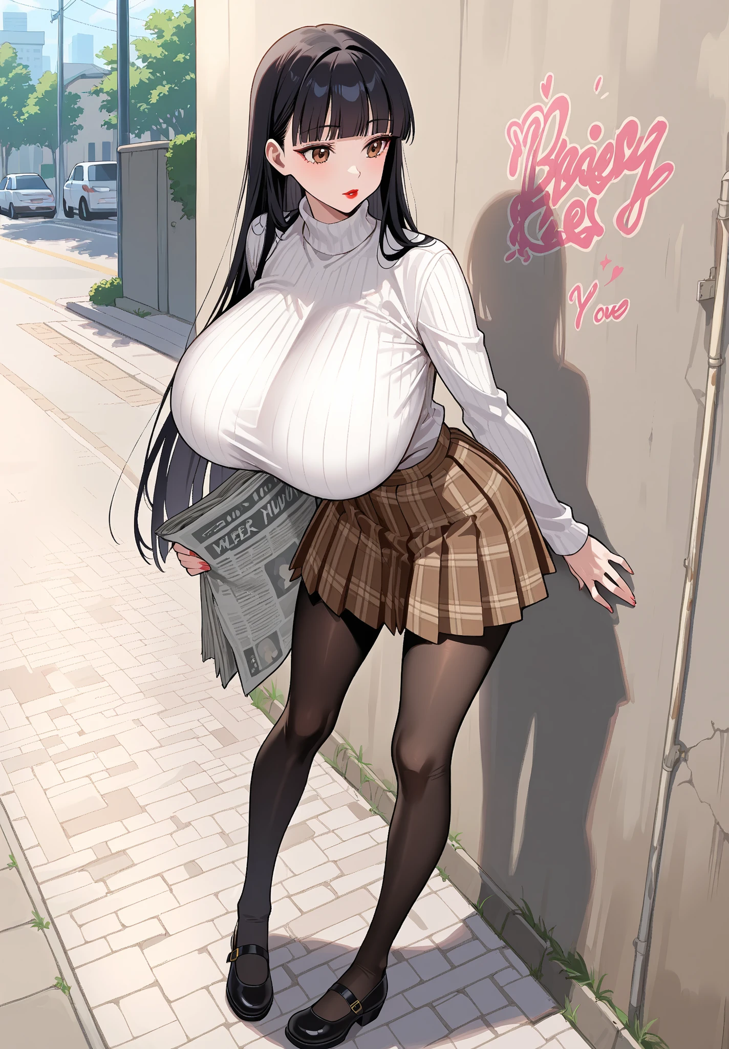 Handsome、Grin、blush、25 year old sister、Beautiful feet、Thin legs、Thin calves、Underwear that is digging in、Bulging underwear、White long sleeve sweater、Checkered Skirt