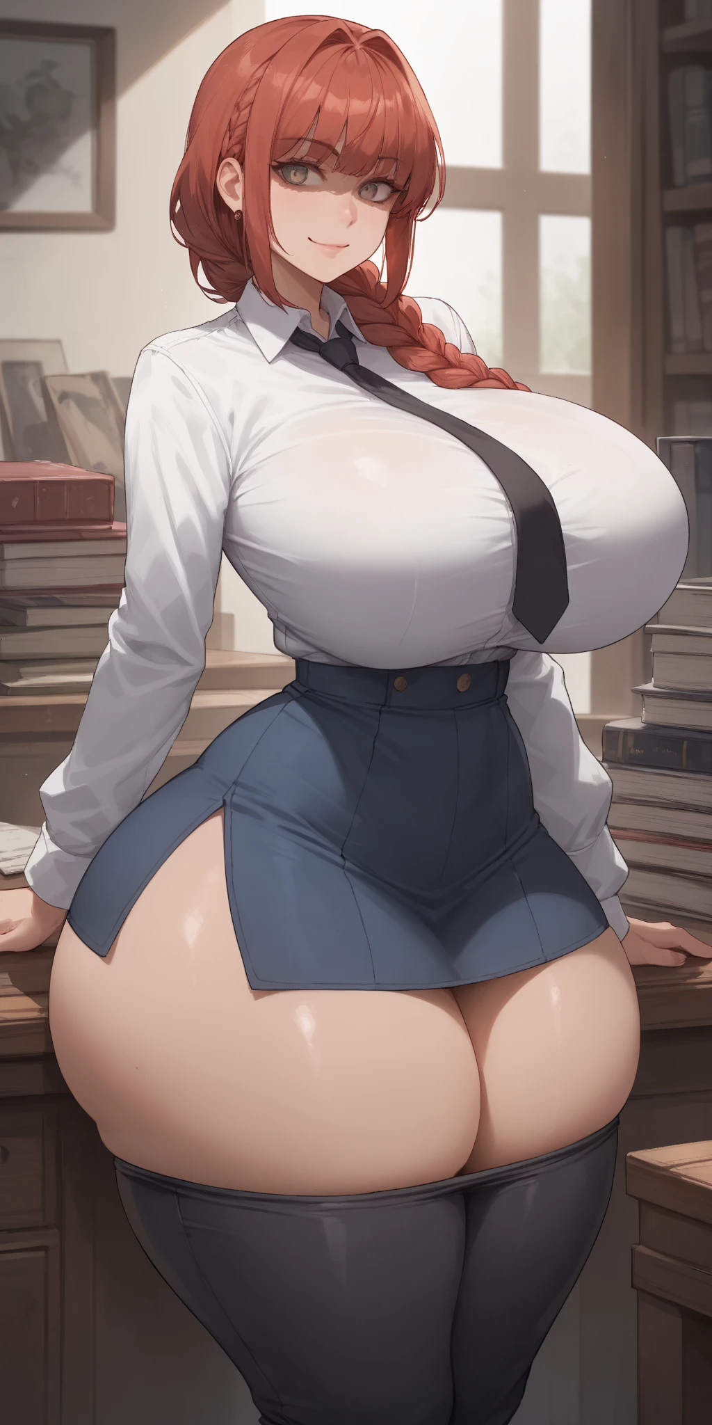 (masterpiece), best quality, expressive eyes, perfect face, Artwork, best quality, ultra-detailed, (masterpiece), best quality, expressive eyes, perfect face, 1girl, uniform, white panties, panties visible, high stockings, thick thighs, soft-looking skin, soft thighs, pale-skinned female, hair tied, red head, medium hair, large breasts, huge breasts, burtefly tie, white buttoned shirt, curvilinear waist, curvy waist, mini skirt, high cut skirt, big ass,