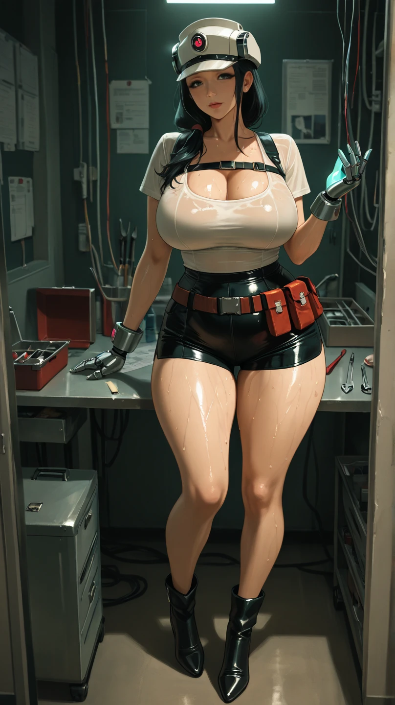 (best quality,highres:1.2), (ultra-detailed), (realistic:1.37), (HDR,UHD), (physically-based rendering), (Denise Milani), beautiful supermodel face, ((topless, exposed chest:1.3)), ((missile shaped breasts:1.5)), ((black leather pleated skirt:1.3)), ((sexy nylon stockings:1.3)), ((short stiletto-heeled leather combat boots:1.3)), ((elbow gloves:1.3)), ((short, straight jet-black hair:1.4)), (beautiful large green eyes):1.3), ((thick thighs:1.4)), (seductive pose in an abandoned factory), (full body portrait:1.3), ((nylon stockings:1.3)), sexy fighter, (hot red lips, makeup:1.2), th3p1t,