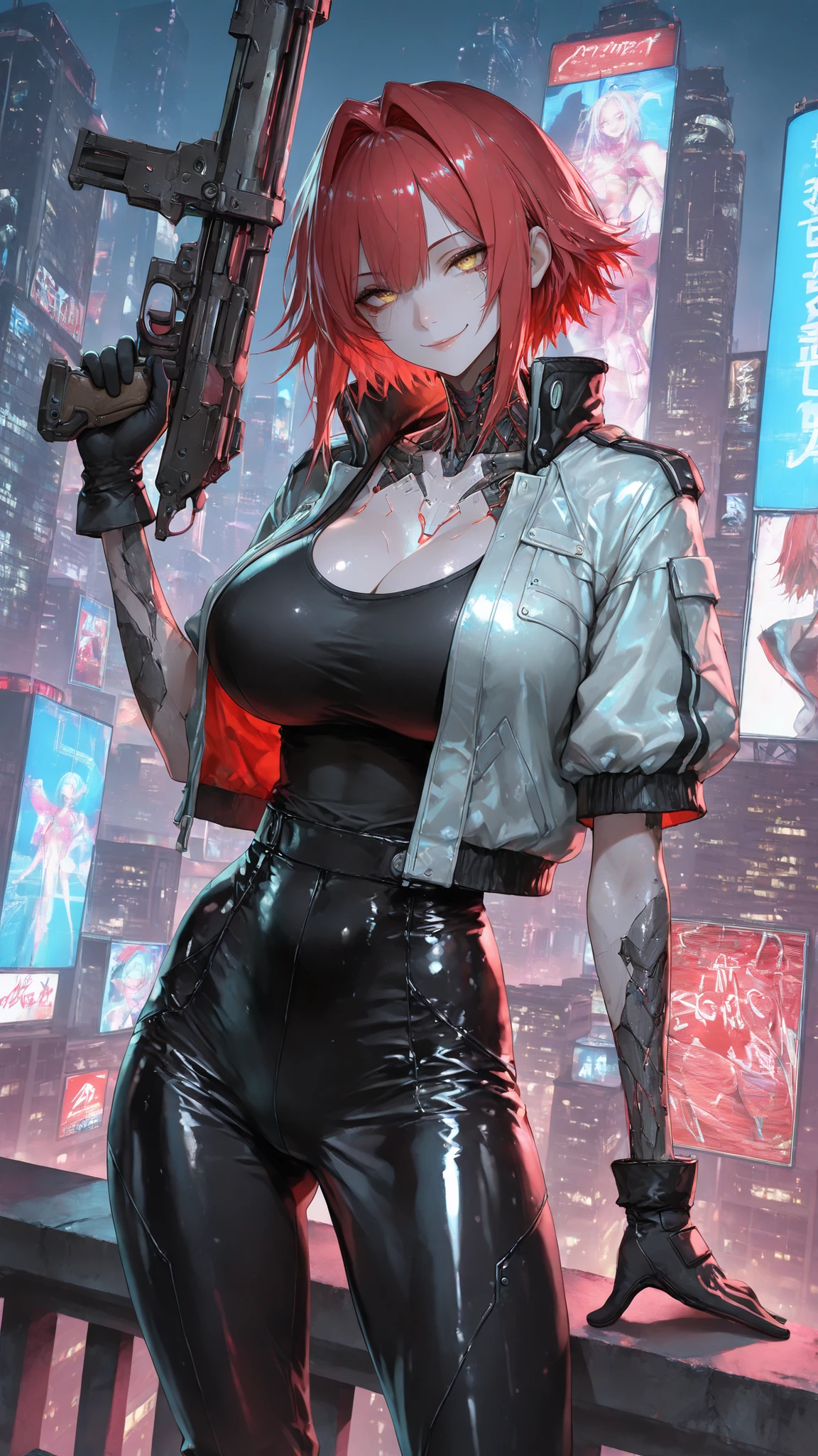 Cyberpunk City,Solo,A female,Shiny skin,Slim body(Black Short Jacket)(Short Sleeves),Black Tank Top,Black gloves,Black Tight trousers,(take a gun),Shiny skin,(Red Short hair,intakes hair),(Yellow eyes),Slim body,Huge Oppai,Big Hip,Seductive smile,(In Front of The billboard),Standing Position,Spreading legs,Lean Foreward,On the building Roof
,UHD, SOLO, anatomically correct, masterpiece, textured skin, high details, highres, 1080P, 16k, accurate,(((look at the viewer)))