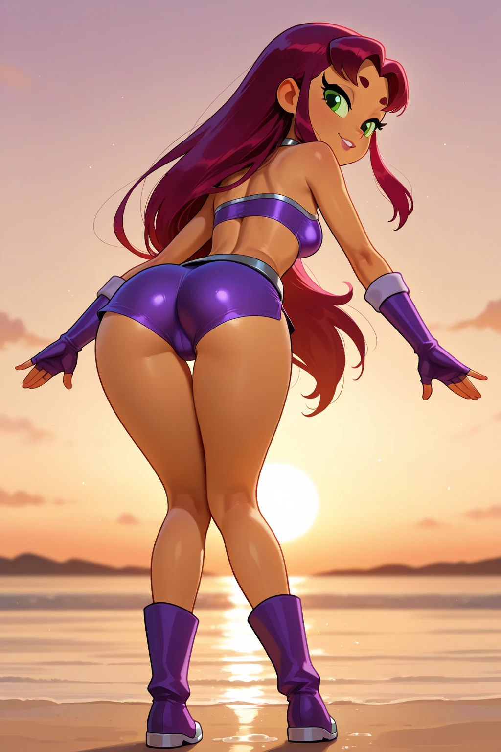 A beautiful sexy Arabian girl, beautiful, big breast, long wavy dark purple hair, her light blue eye, round eyelash, thin black pink lip, soft cheeks, she dresses in a dark gray corset, shows her navel and a pair of short gray pants, a pair of polar blue socks, a black snow boot.