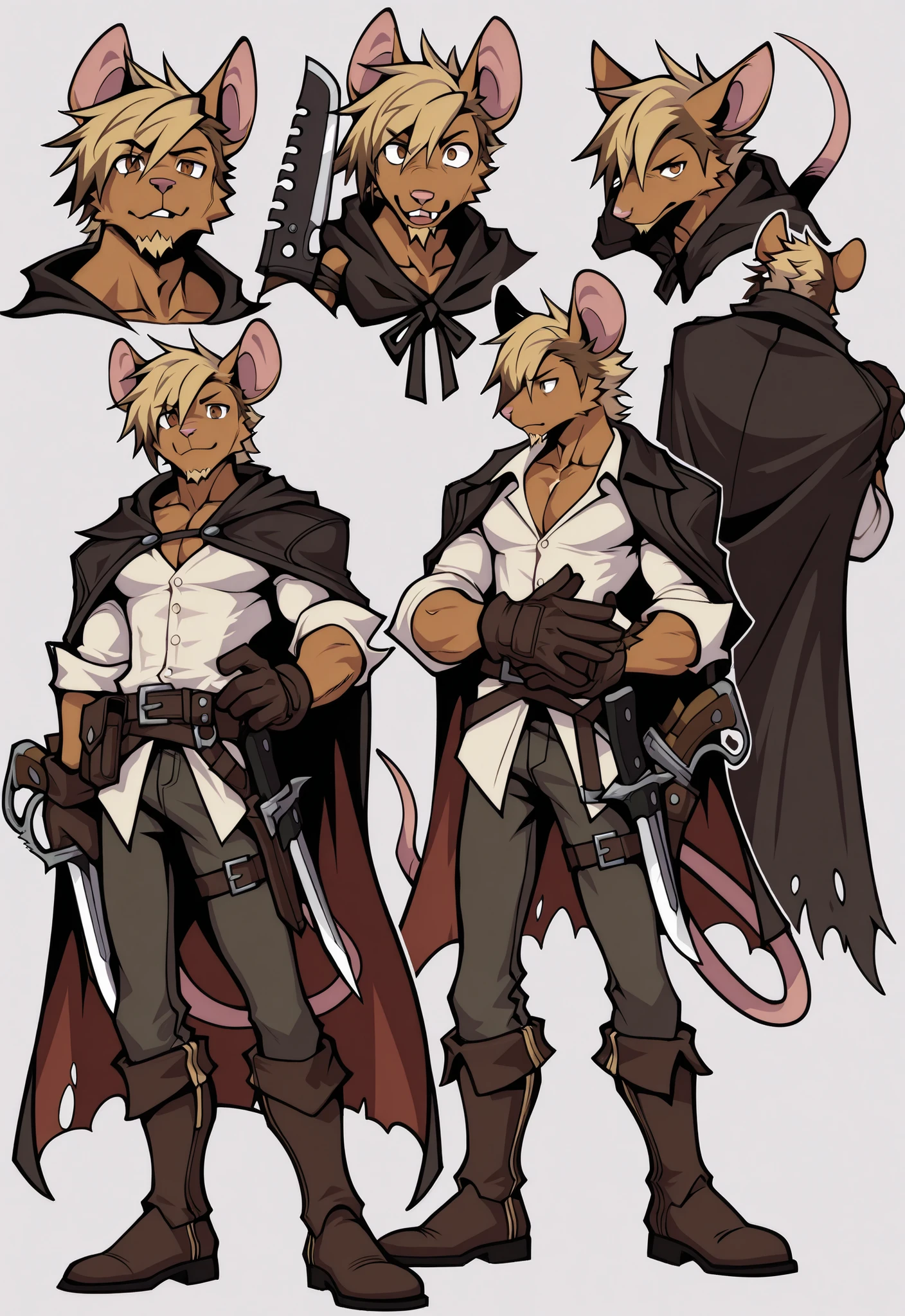 Experienced furry character reference sheet adoptable for Wolfstar, masterpiece , modern day alternate universe, no background, fullbody, multiple views , best quality , masterpiece , masculine , character sheet , dungeon & dragons , visual novel , featured on Pinterest, dynamic.
Wolfstar is a master criminal rat himbo leader of thieves. Mastermind, alluring sexy objectifying thief gear, masterpiece, best quality, amazing quality, solo, 1boy, null-ghost, Wolfstar from visual novel "Wolfstar: Sins and Paradise". Wolfstar has short spiky blonde hair with small pony tail, rat, perfect brown eyes, carries combat knives, rat tail, Head and pectorals focus. Masculine, buff, shiny, thick, broad shoulders, brown fur, stealthy pose, light brown highlights, brown goatee, wears a battle cape, no defects, leather gloves and boots, no watermarks, perfect eyes, 5 fingers, perfect hand.