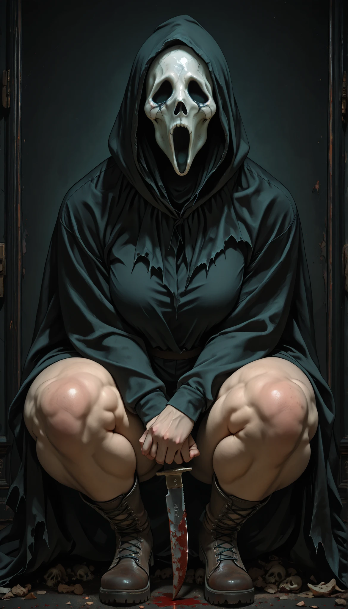 8k, hyperrealstic details, dark background, Horror environment, very creepy surrounding, hood, hood up, cloak, hooded cloak, black cloak, cross-laced footwear, skull mask, mask, masked, wide curvy hips, thick muscular thighs, voluptuous body, Curvy body, thicc woman, knife in hand and blood in knife, in squats position