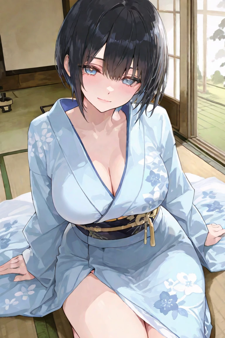 masterpiece, best quality,
yozakura (senran kagura), 1girl, breasts, solo,
short hair, blue hair, flower, blue eyes, large breasts, hair ornament,
japanese clothes, hair flower, navel, midriff, bare legs, cleavage, emblem, smile,
pov,