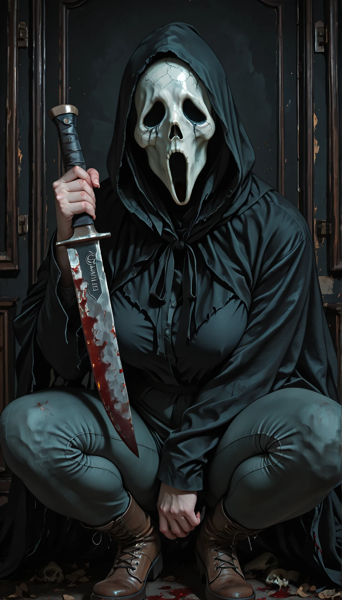 8k, hyperrealstic details, dark background, Horror environment, very creepy surrounding, hood, hood up, cloak, hooded cloak, black cloak, cross-laced footwear, skull mask, mask, masked, wide curvy hips, thick muscular thighs, voluptuous body, Curvy body, thicc woman, knife in hand and blood in knife, in squats position, from above,.looking above