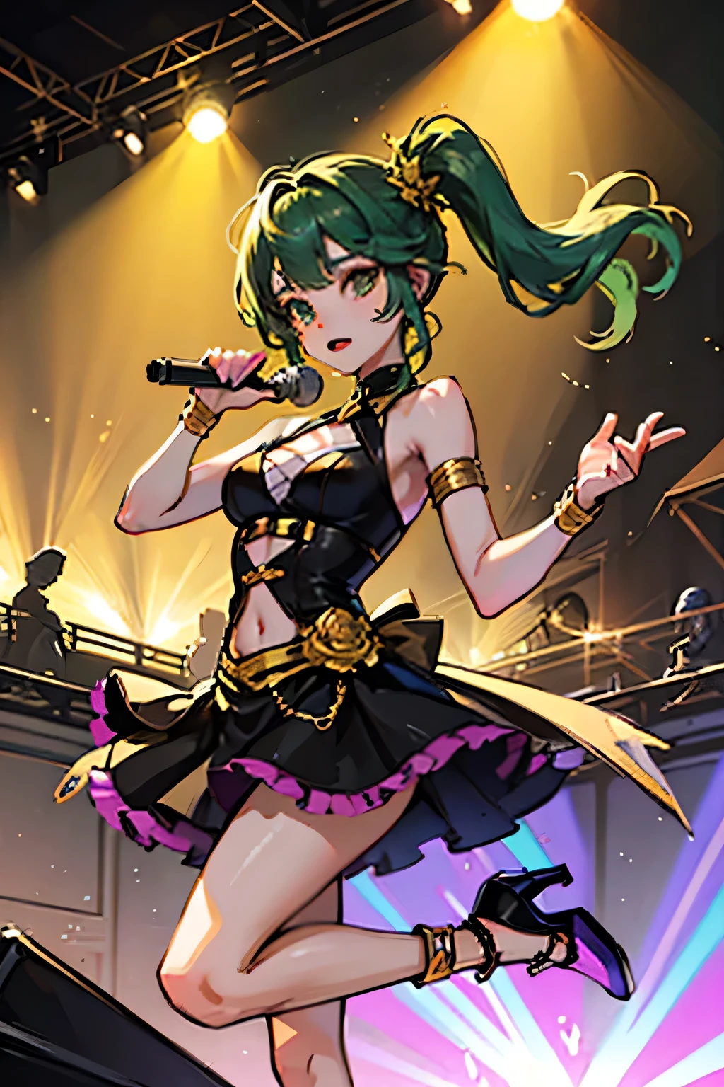 Girl with Lime Green Twin Tail Hair,Can you draw a beautiful girl in an idol concert stage costume,Don't Trim Your Face with Expression First，Accurate Expression of Hand and Leg Details，Only one，miniskirt，High Heels， Idols Bathing in the Spotlight ，Idol Concert Girl,