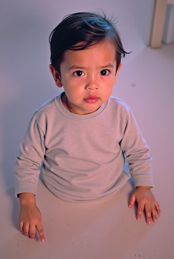 little 6 year old japanese boy with brown hair, whole body,, [black clothes] ,shirt and shots,  crouch bedroom, full body, front,, crawling in bed, kneeng,, t, super detail, close up, crawling towards viewer.
