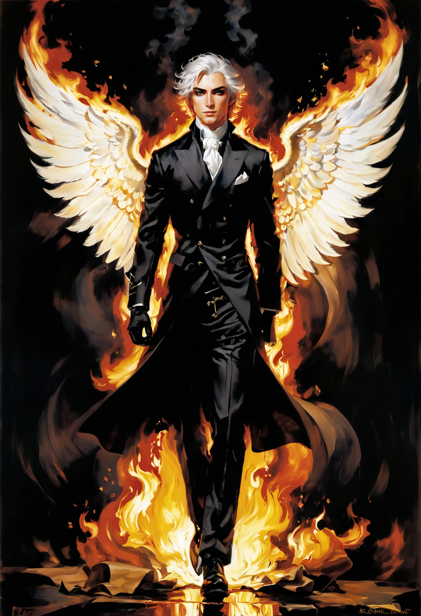 IA painting that blinds the mind with horror and fascination,
Art by Giovanni Boldini, Bastien Lecouf-Degarme, Carn Griffiths, E. Abramzon, Raphael, Caravaggio, Coby Whitmore, Titian, Leonardo da Vinci, Studio Ghibli Genshin Impact...... Show me a being who is on fire, and white hot flame that immolates him, his might is in his purity, and passions are stronger than any. Samiel the best of the worst. Wing seraph of vengeance, fallen angel and hero of hell, dark wizard who burned all he could to find his soulmate, angel, devil,healer, destroyer of life, vampire, priest and vulgar dog, an artist. Walking now flames everywhere. he is walking unconcerned thru flames in a burning mansion like he is striking in the park. White hair of flame handsome and aquiline of face, youthful 40 aristocratic man with white hair, slender muscular and glides like a cat, blue eyes that pierce short white blonde hair that is a mess. dressed in a burgundy wine colored Michael kors suit as he burns he laughs. He doesn't burn but the flames tickle...wings on his back changing from infernal bat to feathered grace to energy to finally phoenix flame