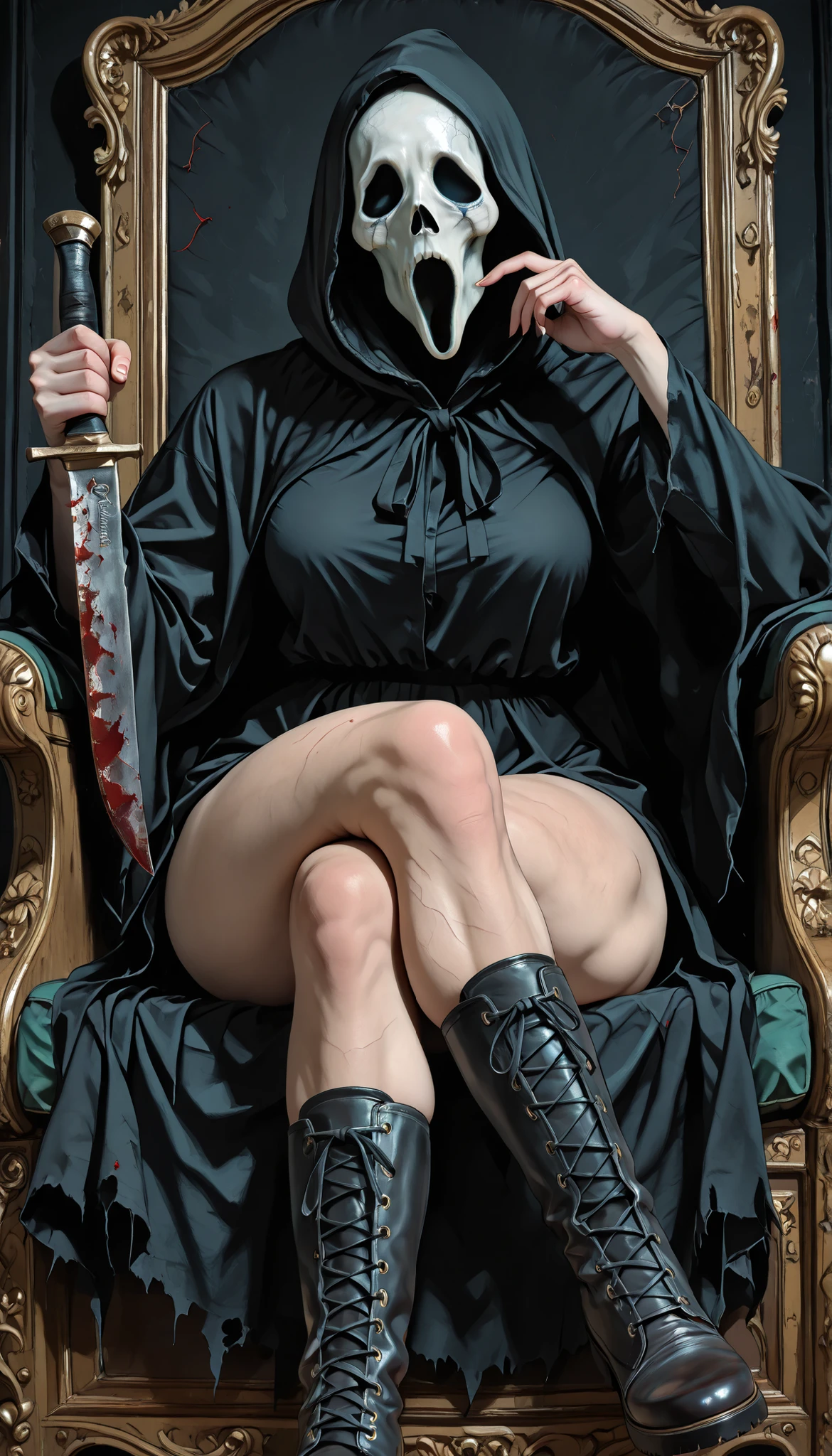 8k, hyperrealstic details, dark background, Horror environment, very creepy surrounding, hood, hood up, cloak, hooded cloak, black cloak, cross-laced footwear, skull mask, mask, masked, wide curvy hips, thick muscular thighs, voluptuous body, Curvy body, thicc woman, knife in hand and blood in knife, sitting in throne, legs crossed, from below, dynamic angle