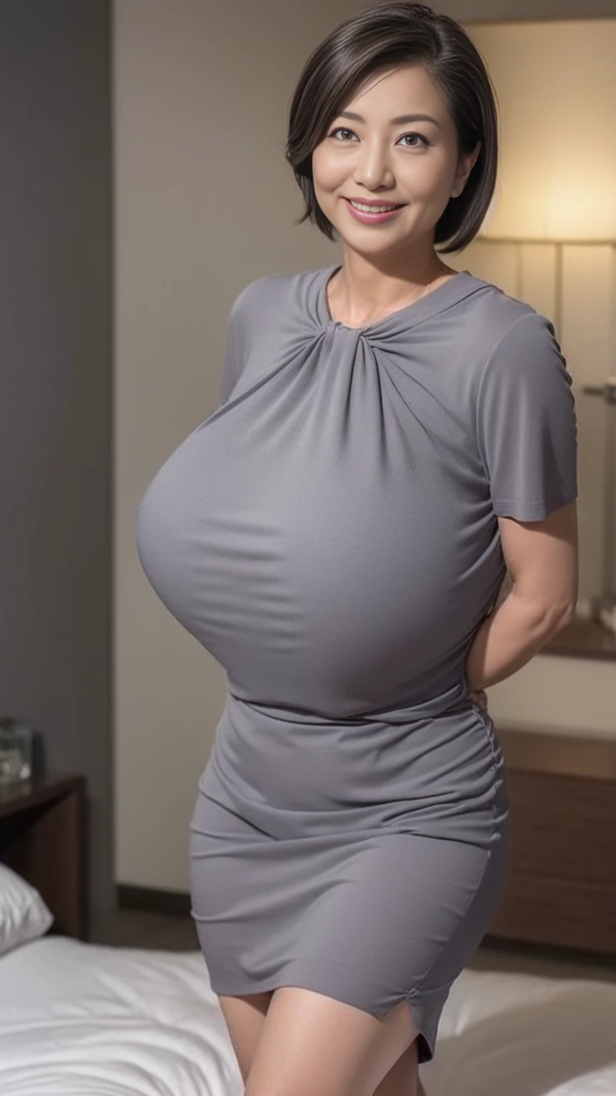 (Masterpiece,High Quality:1.3),(depth of field:1.3) ,((front body:1.35)), Japanese ,middle-aged woman,chignon, Long Sleeve Round neck ,T-shirt Maxi (((Tight))) Dress,(huge breasts:1.5), (huge pregnant),(looking at viewer:1.3),(full body:1.2)