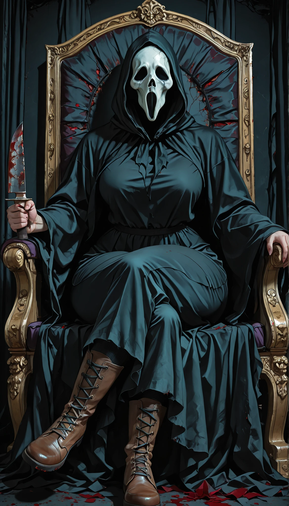 8k, hyperrealstic details, dark background, Horror environment, very creepy surrounding, hood, hood up, cloak, hooded cloak, black cloak, cross-laced footwear, skull mask, mask, masked, wide curvy hips, thick muscular thighs, voluptuous body, Curvy body, thicc woman, knife in hand and blood in knife, sitting in throne, legs crossed, from below, dynamic angle