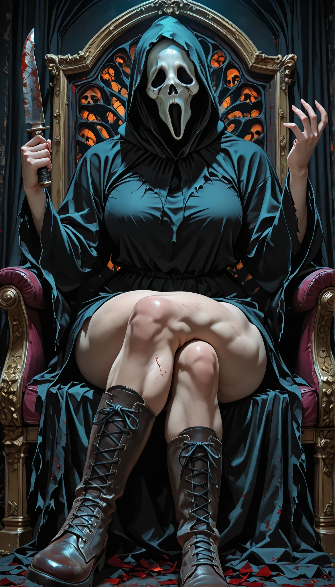 8k, hyperrealstic details, dark background, Horror environment, very creepy surrounding, hood, hood up, cloak, hooded cloak, black cloak, cross-laced footwear, skull mask, mask, masked, wide curvy hips, thick muscular thighs, voluptuous body, Curvy body, thicc woman, knife in hand and blood in knife, sitting in throne, legs crossed, from below, dynamic angle