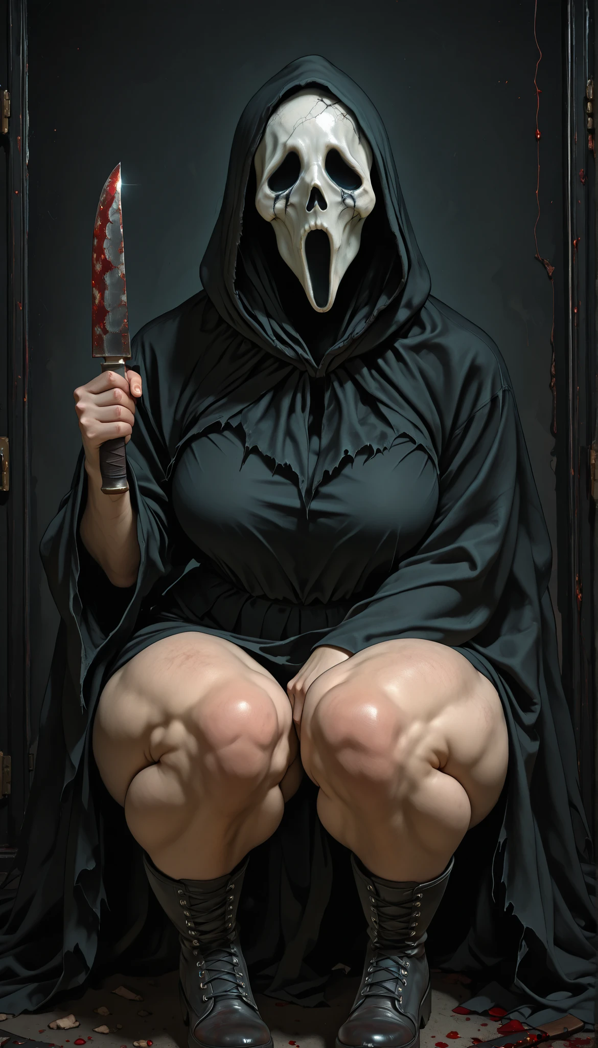 8k, hyperrealstic details, dark background, Horror environment, very creepy surrounding, hood, hood up, cloak, hooded cloak, black cloak, cross-laced footwear, skull mask, mask, masked, wide curvy hips, thick muscular thighs, voluptuous body, Curvy body, thicc woman, knife in hand and blood in knife, in squats position