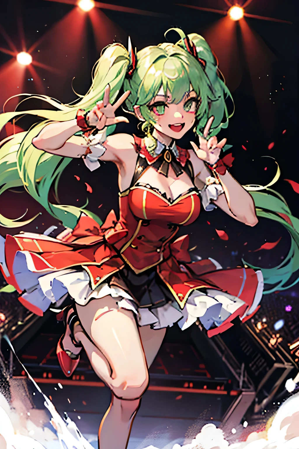 Can you draw a big smile,draw twin tail hair even longer,girl with lime green twin tail hair,can you draw a beautiful girl wearing a stage costume for an idol concert,don't trim your face with facial expressions first,accurate expression of hand and leg details,only,miniskirt,High Heels, Idols Bathing in the Spotlight ,Idol concert girl,