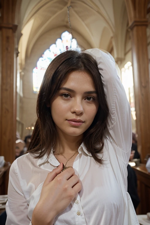 1girl in, 30 years old, Square face, Long hair, Looking at viewer, jewelry, Reality, , bridal page, church background, free pose