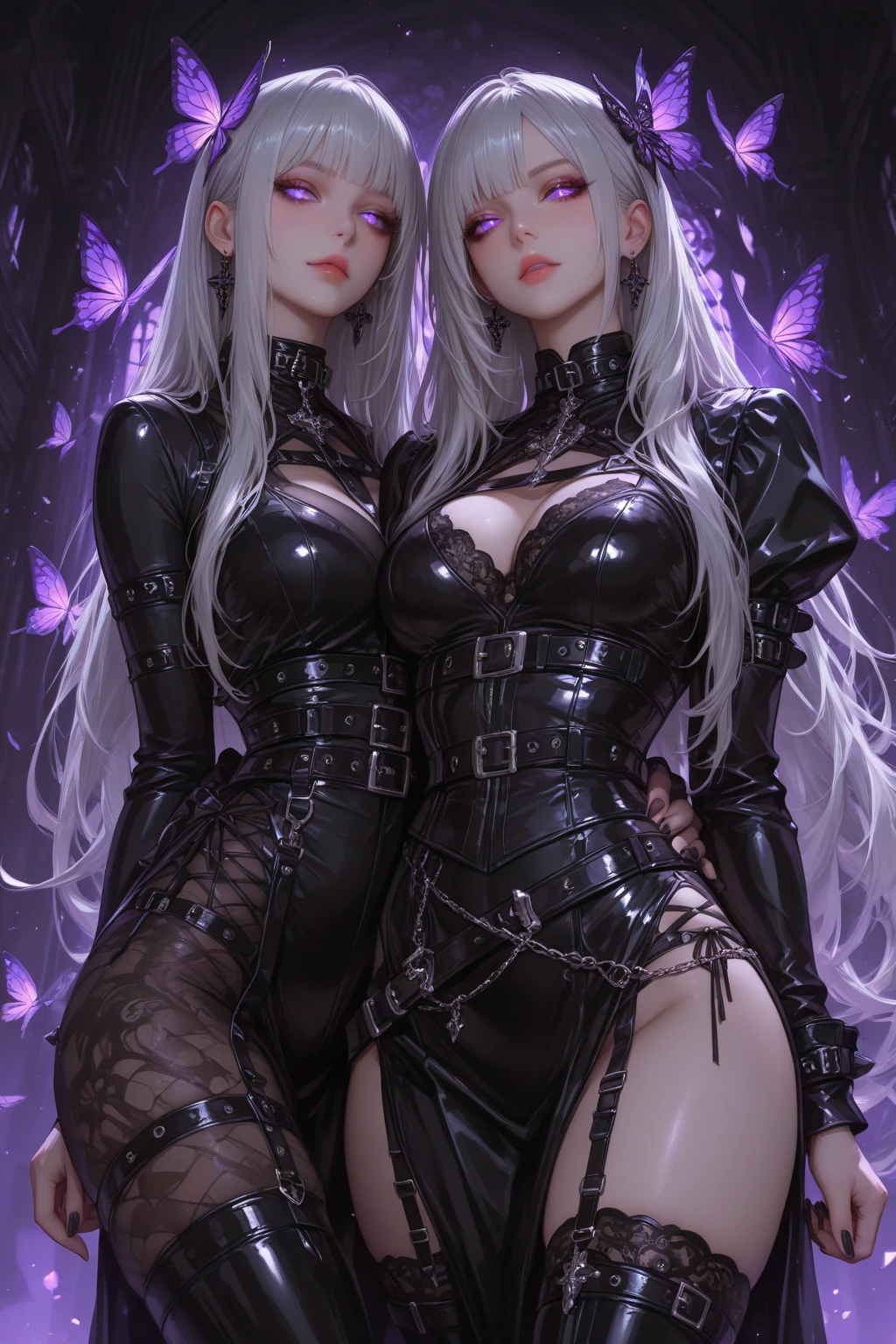 (((1 girl)),ray tracing,(dim lighting),[detailed background (bedroom)),((silver hair)),((silver hair)),(Fluffy silver hair, plump slender girl)) with high ponytail)))) Avoid blonde eyes in the ominous bedroom ((((Girl wears intricately embroidered black high-waisted pants with pantyhose) and white ruffled bow gloves), showing a delicate slim figure and graceful curves, correct limbs, sitting on the bed
