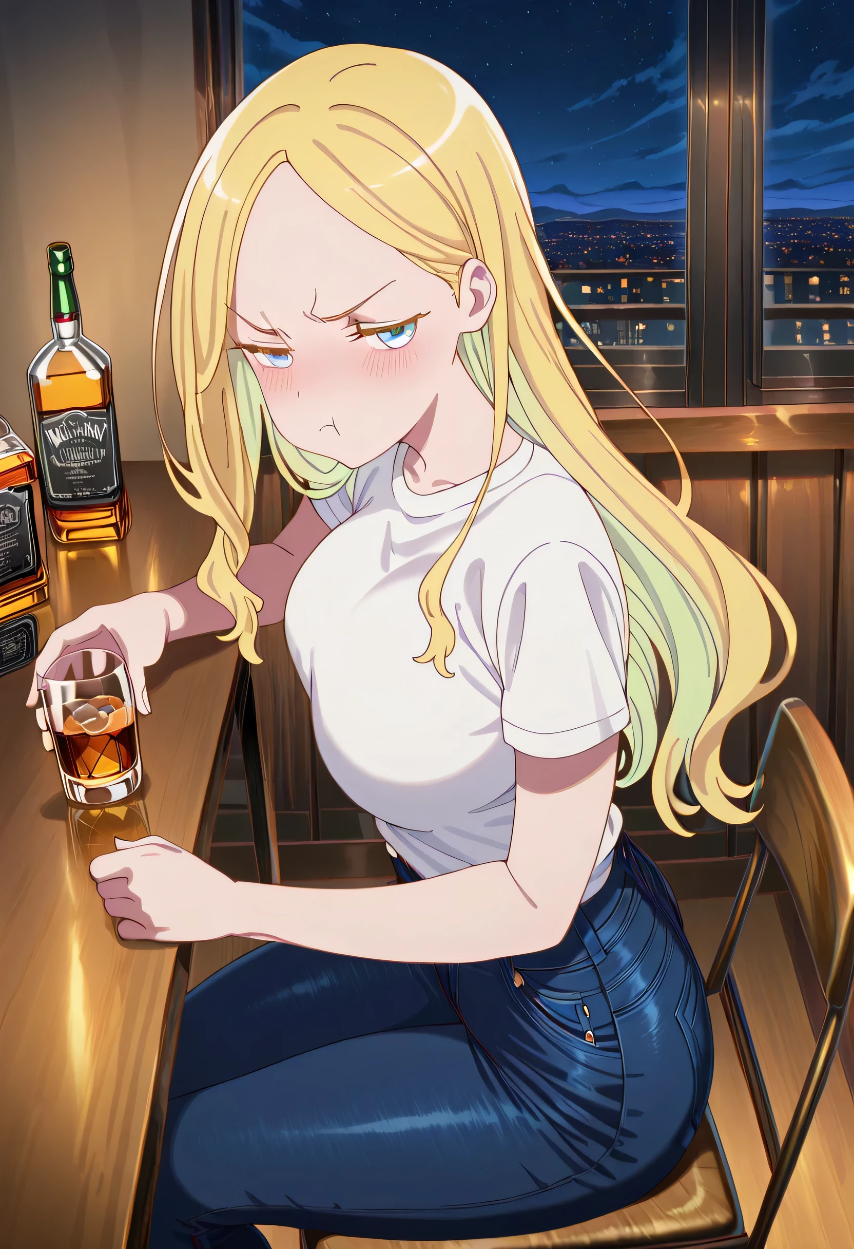 score_9 , score_8_up , score_7_source_anime detailed eyes,anime eyes,high detail eyes,multicolored iris,detailed iris,anime style, 4k masterpiece, best quality, girl, beautiful face, clean skin, shiny hair, shiny skin, beautiful face, perfect eyes, 4k high quality eyes, high quality brightness, best quality, 4k very aesthetic, absurd, perfect body quality, beautiful curves, perfect, perfect genitals, beautiful ambient light, beautiful aesthetics, very realistic scenery, 4k high quality, masterpiece, best quality, absurd, latest, high resolution, official art, best quality, absurd, latest, high resolution, official art, screenshot, anime screenshot, anime coloring, amazing quality 4k, 1girl, anna aveiro, blue eyes, long hair, hair, yellow, multicolored hair, large breasts, <lora:drunk-pouting-illustriousxl-lora-nochekaiser:1>, drunk pouting, solo, looking at viewer, blush, shirt, holding, closed mouth, jewelry, sitting, white shirt, short sleeves, sky, pants, indoors, from side, sweater, cup, window, night, chair, table, bottle, denim, holding cup, night sky, drinking glass, alcohol, jeans, blue pants, :t, pout, whiskey, half-closed eyes,