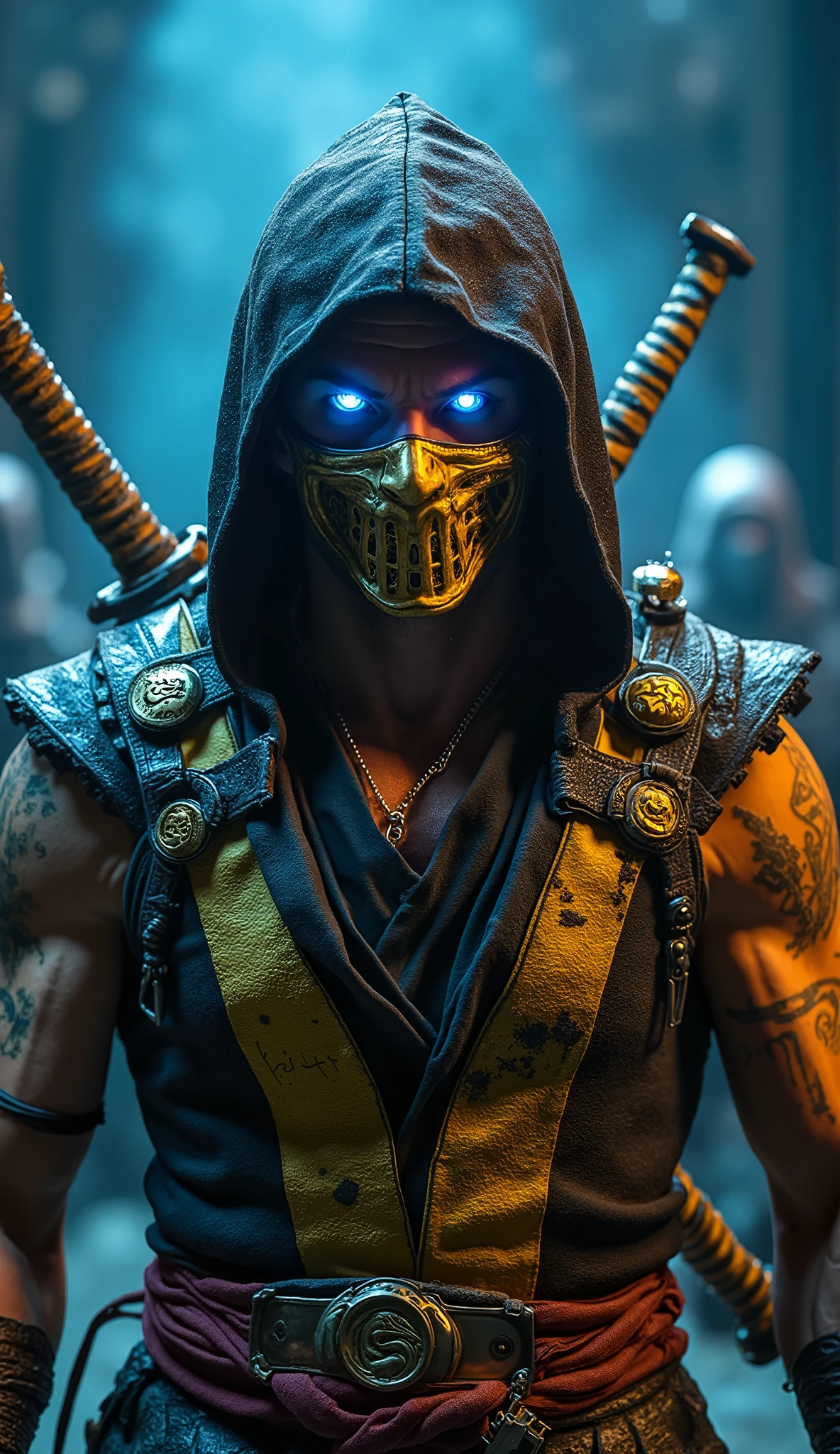 Ultra-detailed portrait of Scorpion from Mortal Kombat, hooded ninja warrior wearing a golden demonic mask, glowing blue eyes radiating with hellfire, dressed in black and yellow battle armor with shredded edges, twin katanas strapped on his back, cinematic lighting, dark mystical background with ethereal blue energy and shadows, hyper realistic, 8K ultra photorealism
