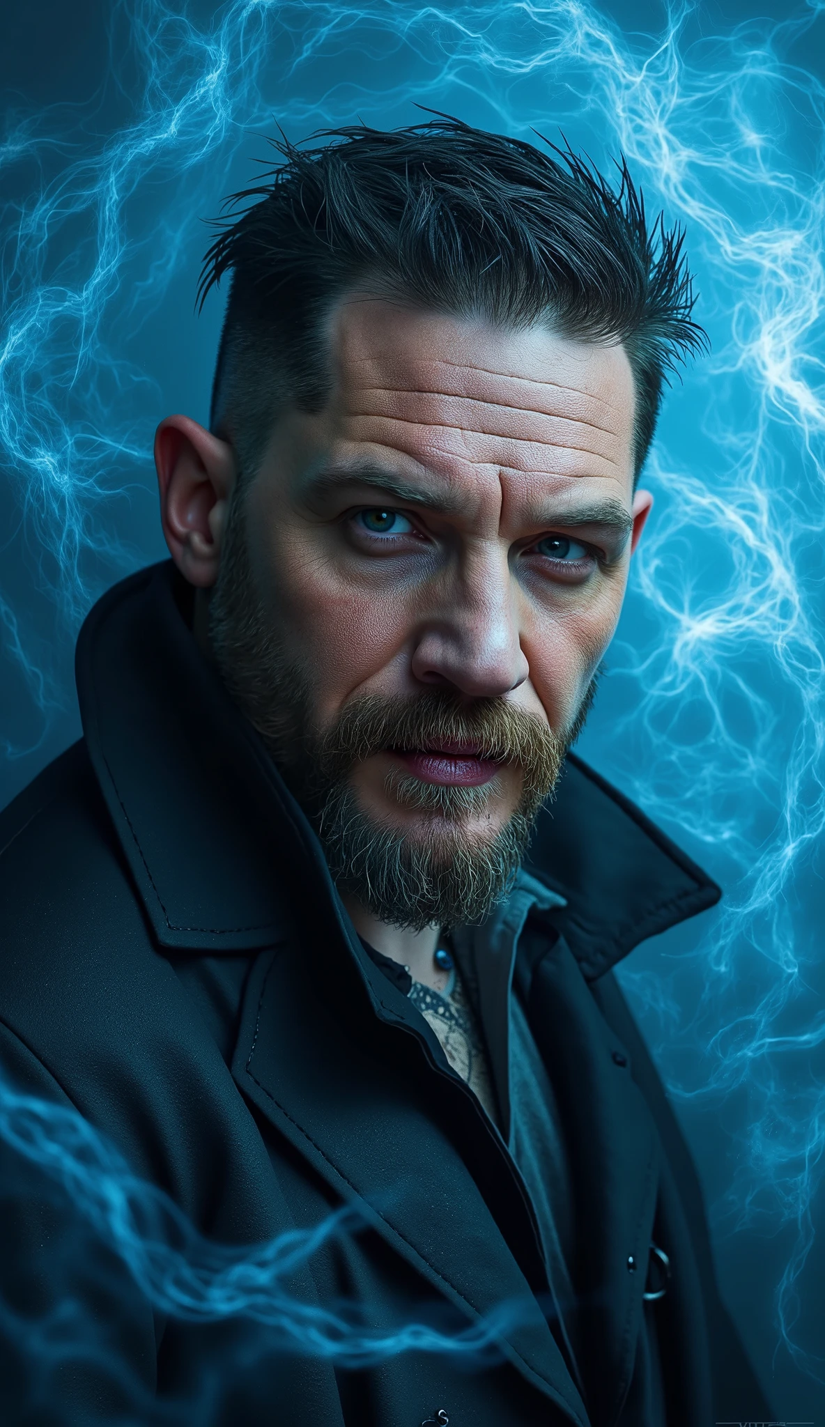 Ultra-detailed portrait of tom hardy , background with ethereal blue energy and shadows, hyper realistic, 8K ultra photorealism
