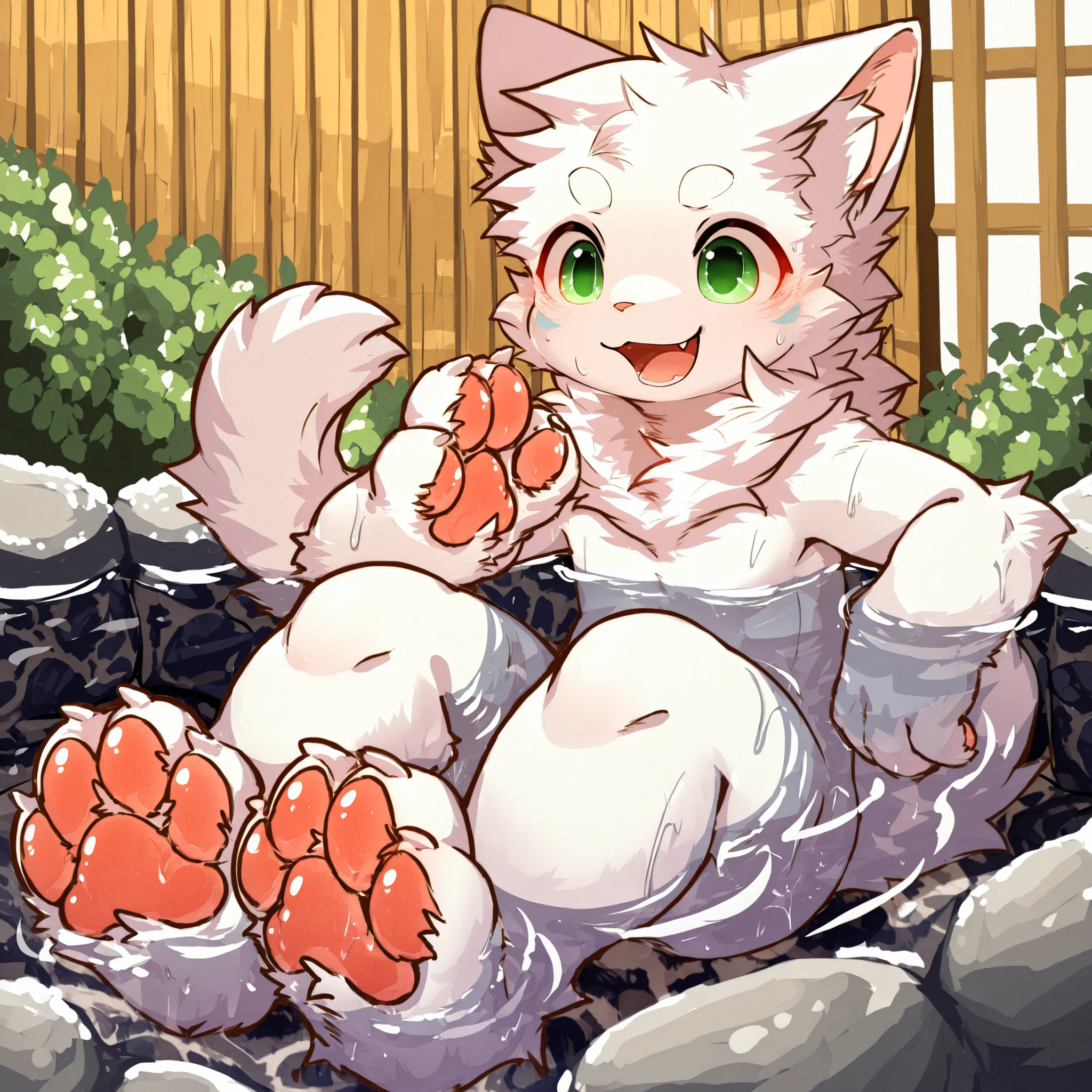 Young male white cat, Pure white skin, Sitting in large onsen, Wet, Tail, Pawpads, Animal hands and feet, highres, masterpiece, best quality