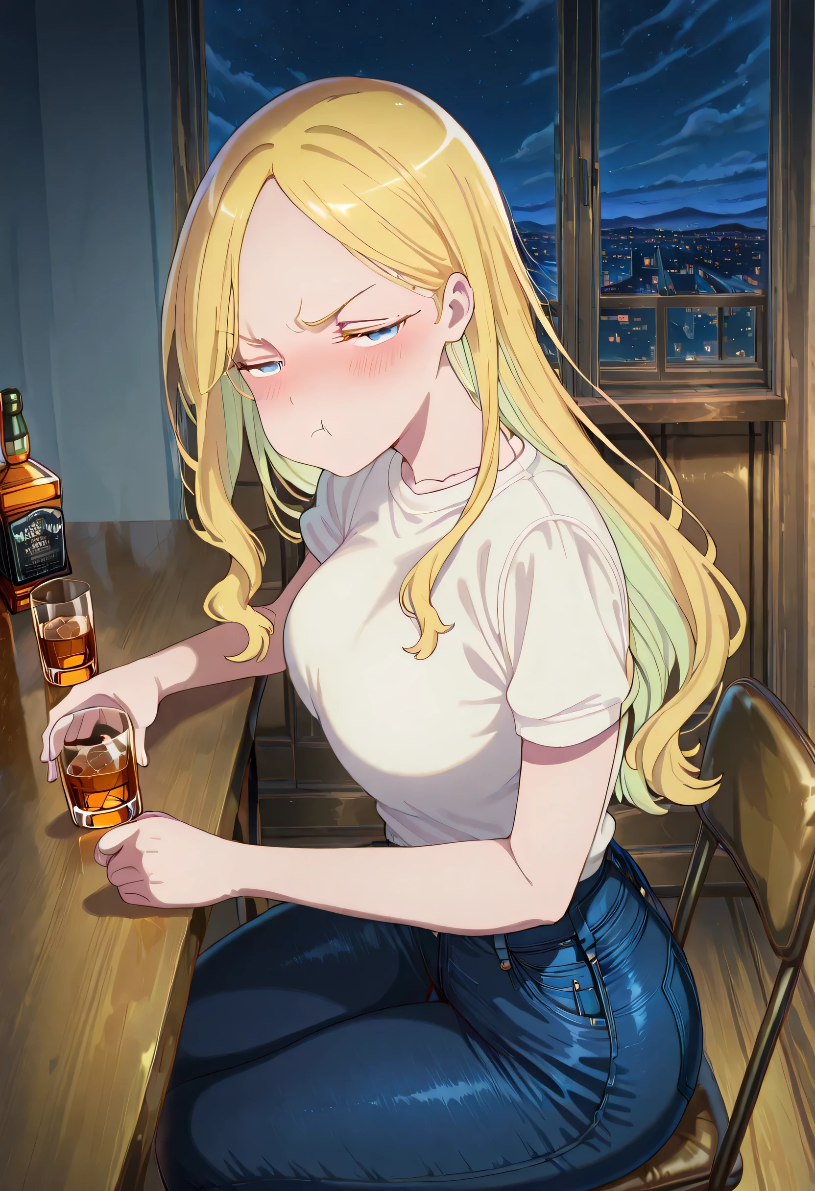 score_9 , score_8_up , score_7_source_anime detailed eyes,anime eyes,high detail eyes,multicolored iris,detailed iris,anime style, 4k masterpiece, best quality, girl, beautiful face, clean skin, shiny hair, shiny skin, beautiful face, perfect eyes, 4k high quality eyes, high quality brightness, best quality, 4k very aesthetic, absurd, perfect body quality, beautiful curves, perfect, perfect genitals, beautiful ambient light, beautiful aesthetics, very realistic scenery, 4k high quality, masterpiece, best quality, absurd, latest, high resolution, official art, best quality, absurd, latest, high resolution, official art, screenshot, anime screenshot, anime coloring, amazing quality 4k, 1girl, anna aveiro, blue eyes, long hair, hair, yellow, multicolored hair, large breasts, <lora:drunk-pouting-illustriousxl-lora-nochekaiser:1>, drunk pouting, solo, looking at viewer, blush, shirt, holding, closed mouth, jewelry, sitting, white shirt, short sleeves, sky, pants, indoors, from side, sweater, cup, window, night, chair, table, bottle, denim, holding cup, night sky, drinking glass, alcohol, jeans, blue pants, :t, pout, whiskey, half-closed eyes,