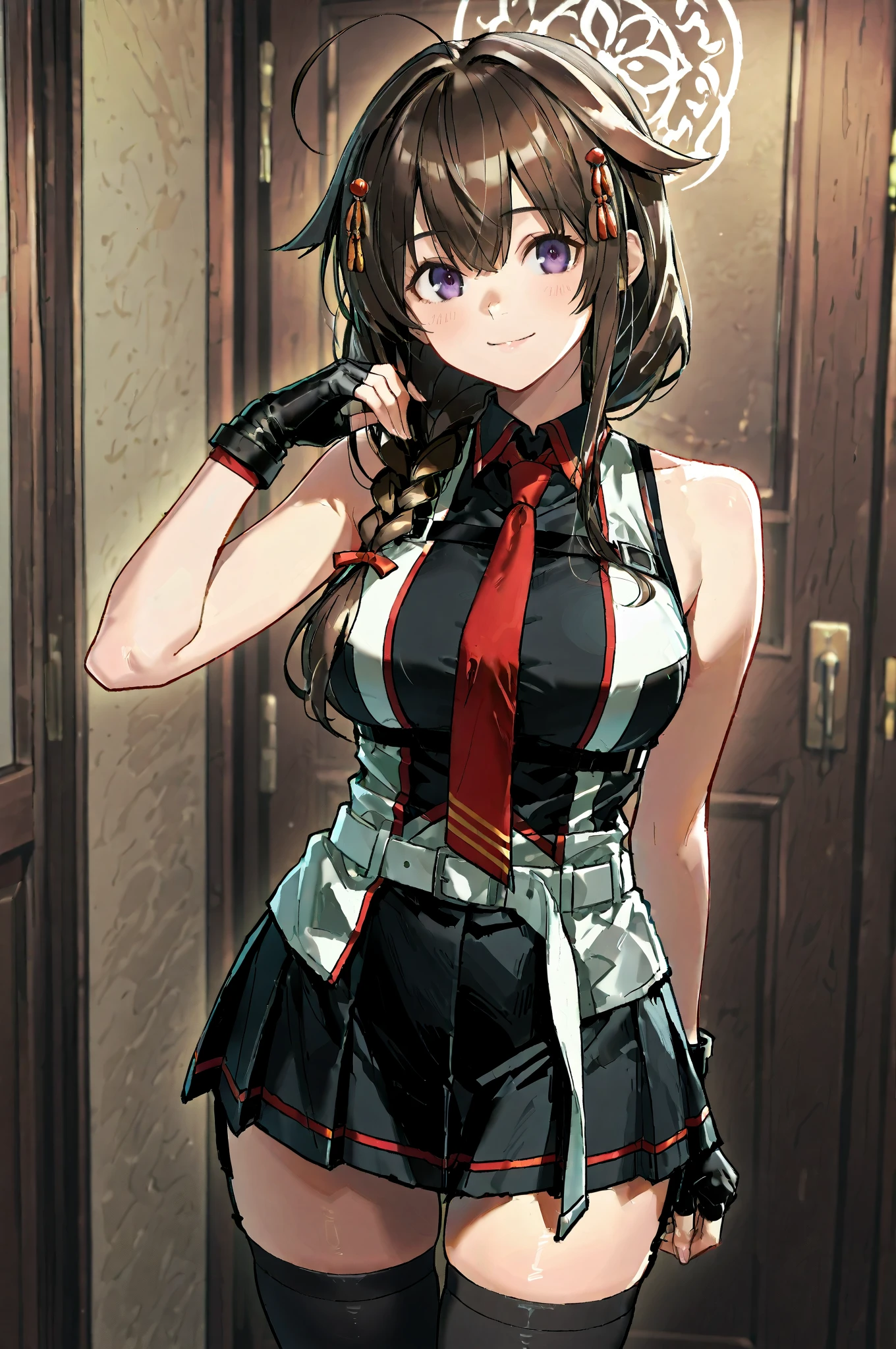 (masterpiece, best quality), 1girl, <lora:kana_kashiwazaki-000008:0.8> kanakashiwazaki, yellow ribbon, aqua eyes,(geisterjaeger uniform), thighhighs, black jacket, fingerless gloves, belt, cleavage, medium breasts, long sleeves,,
