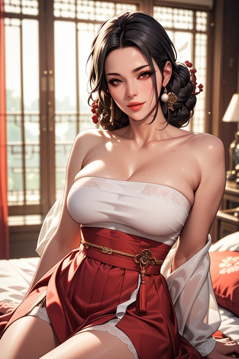 Superb Quality, Masterpiece, High Resolution, 1Girl, Blush, (Seductive Smile: 0.8), Star Eyes, Chinese Hanfu, Hair Accessories, Necklace, Jewelry, Beauty, on_body, Tyndall Effect, Realism, Shadow Room, Light Edge, Two-tone Lighting, (High Detail Skin: 1.2), 8K UHD, SLR, Soft Light, High Quality, Volume Lighting, Candid Photo, High Resolution, 4K, 8K, Background Blur, Light Tulle,