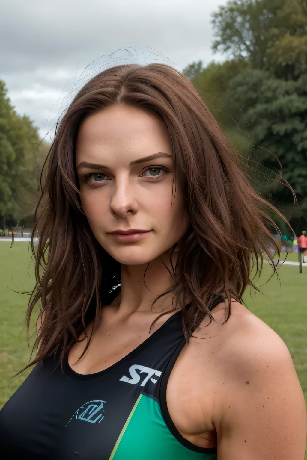 long blond woman in the park，Can you draw a woman with an expression that challenges a triathlon，sportswear、reality， Picture 