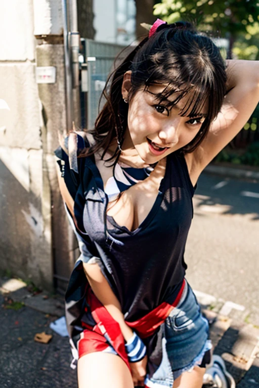top-quality、​masterpiece、8K、life-like、Cute 20s girl（A dark-haired、poneyTail、rather large breasts）、Lying by the pool、、A smile、Cute swimsuit、Gravure photography、