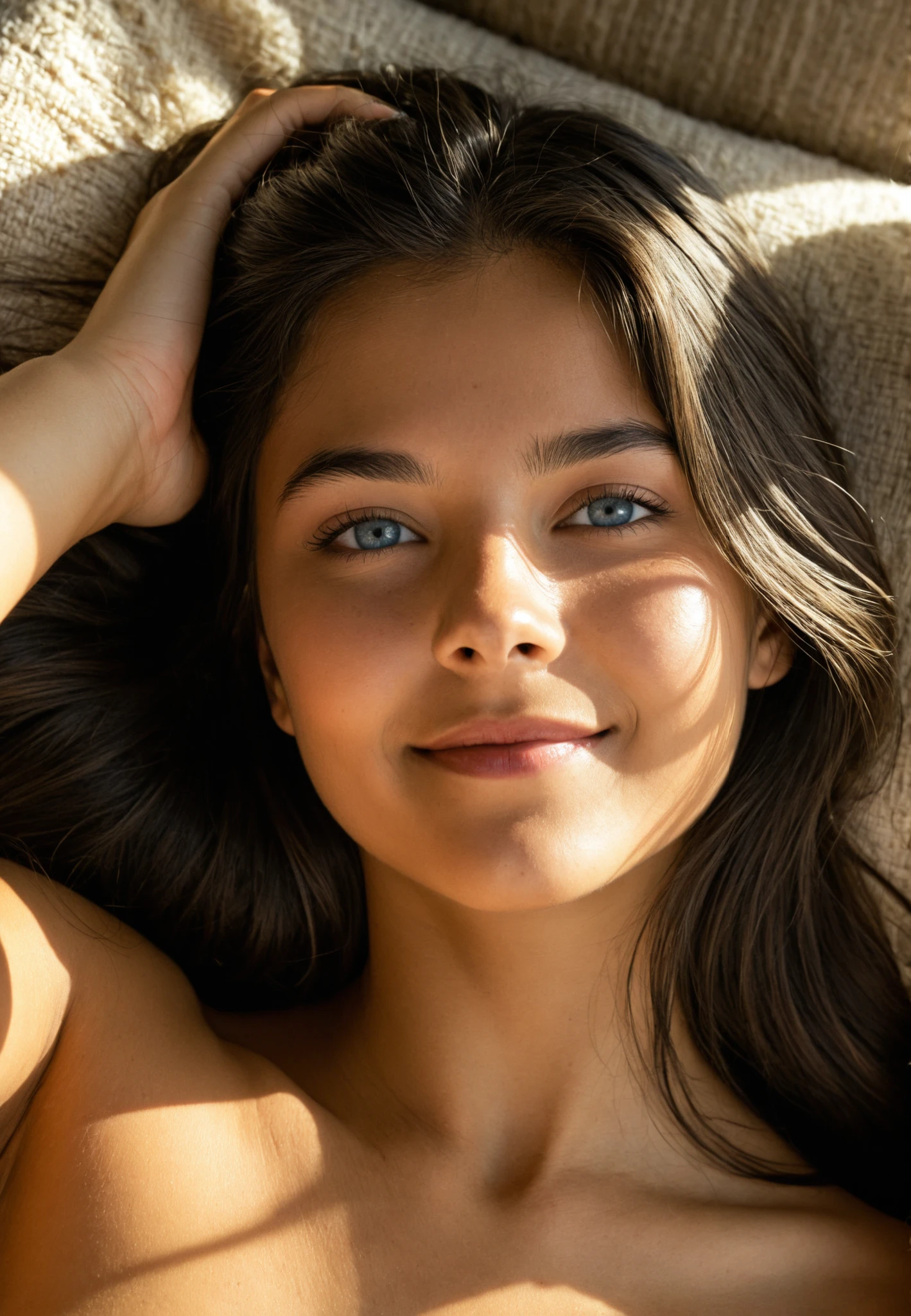 masterpiece, shiny hair, photo, an impressive and beautiful 19-year-old girl, ( Latin girl :1.3), naked, Upper body photo, very long hair, delicate body, small face, delgado, blue eyes, naked, lying face down, chin resting on her arms, swimwear backlit by soft morning light, soft diffused rural light around her, skin details, realistic skin texture, piel muy detallada Blush, grainy film texture, raw amateur aesthetics, friendly smile, nature, raw, HDR-10, intricate details, 4k, highly detailed skin textures, shy smile, diffuse bluish light,