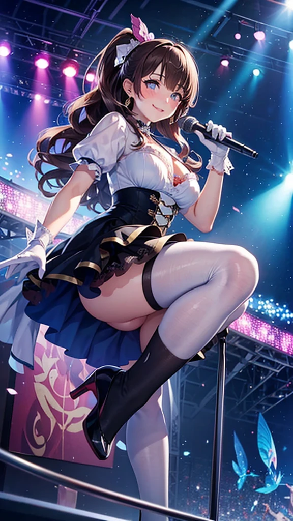 highest quality、All limbs、full finger、Slender beauty、brown hair、Dereste、red, 白とredのアイドル衣装:1.1、knee socks、beautiful big breasts、live stage、sing、holding a microphone, dancing, big smile、(white horizontal lace panties :1.1), The skirt is flipped by the wind, show off panties, (shirt lift:0.8)