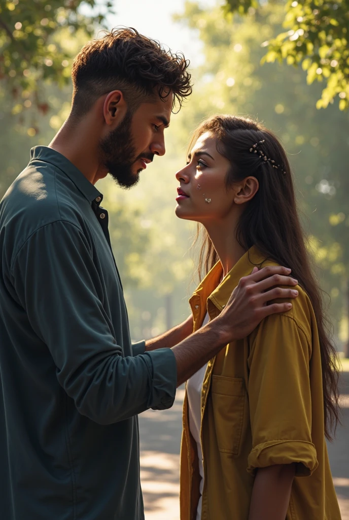 A woman gently holding onto a man's shoulders, intimate tender moment, light clothing, 30s, round face, cinematic, detailed, (best quality,4k,8k,highres,masterpiece:1.2),ultra-detailed,(realistic,photorealistic,photo-realistic:1.37),HDR,UHD,studio lighting,ultra-fine painting,sharp focus,physically-based rendering,extreme detail description,professional,vivid colors,bokeh,portrait