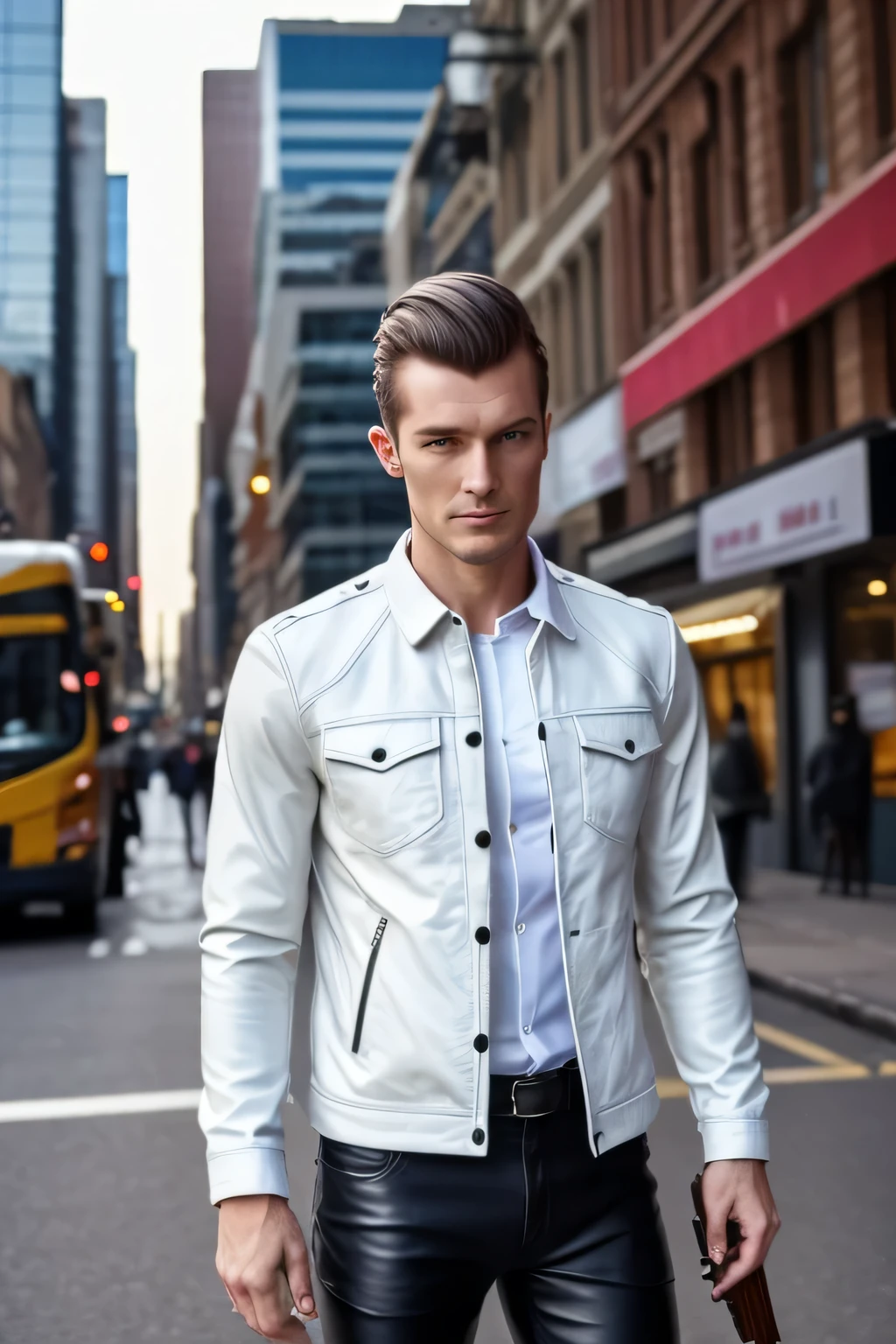 Man standing with his hair up,can you draw facial expressions more delicately，leather jacket、white shirt，Leather shoes，Leather Pants，Person with a rifle ，City，、reality，    Picture    