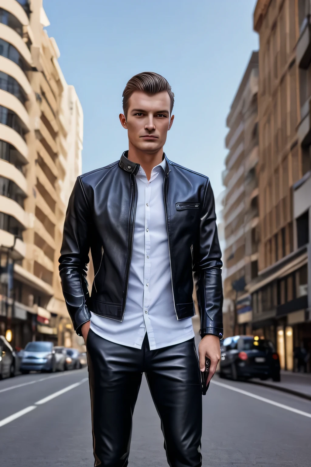 Man standing with his hair up,can you draw facial expressions more delicately,leather jacket、white shirt,Leather shoes,Leather Pants,Person with a rifle ,City,、reality, Picture