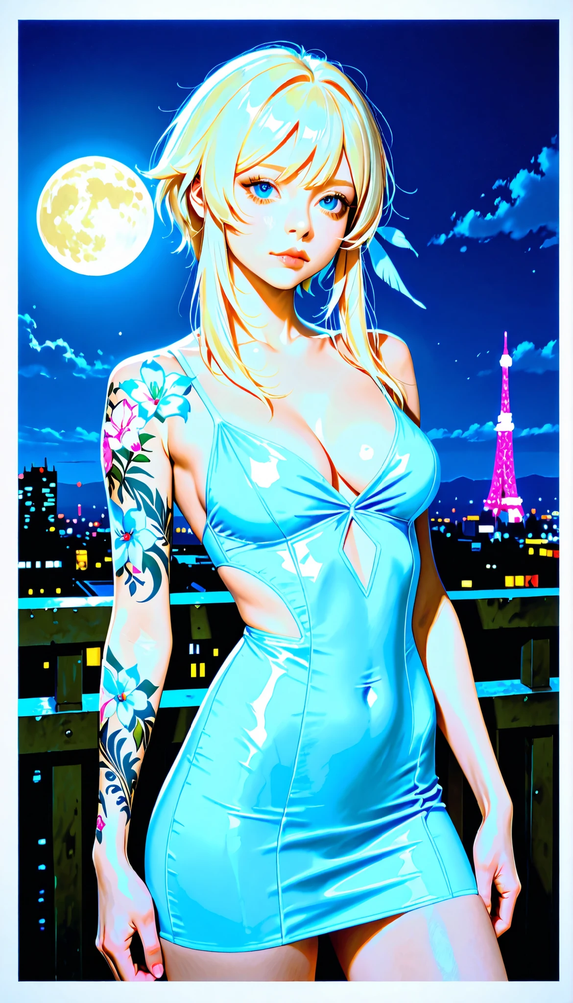 ((RAW Photo), Absurds, (Absurd Resolution)), ((Hyperrealism, Photorealistic)), (beautiful girl, 21 years old), (volumetric lighting, (Lumine, bioluminescent light)), (extremely detailed), (beautiful woman, 21 years old), (blue eyes), (white hair, straight, short, bangs), (tattooed girl, bioluminescent tattoos), (outfit: short tight dress, cleavage), (night photo), (, arrogant), (background: city, full moon, dark city), (View: Photographic Perspective). «SunPuma S»