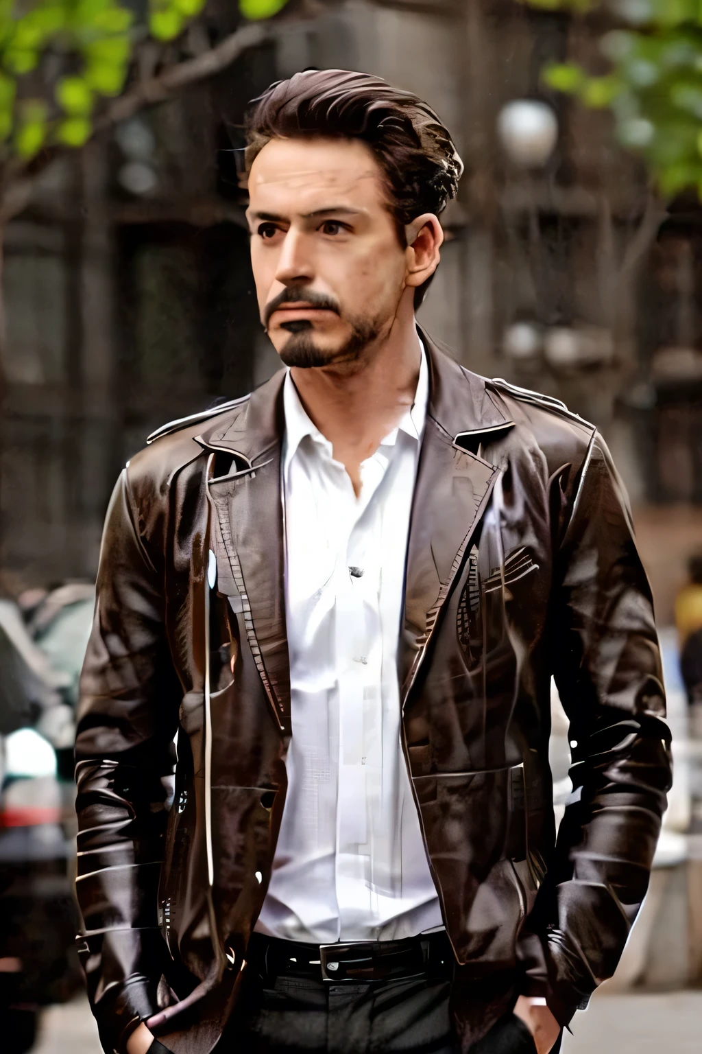 Man standing with his hair raised,can you draw expressions more delicately，mustache，leather jacket、white shirt，Leather shoes，Leather Pants，Person with a rifle  ，City，、reality，     Picture     