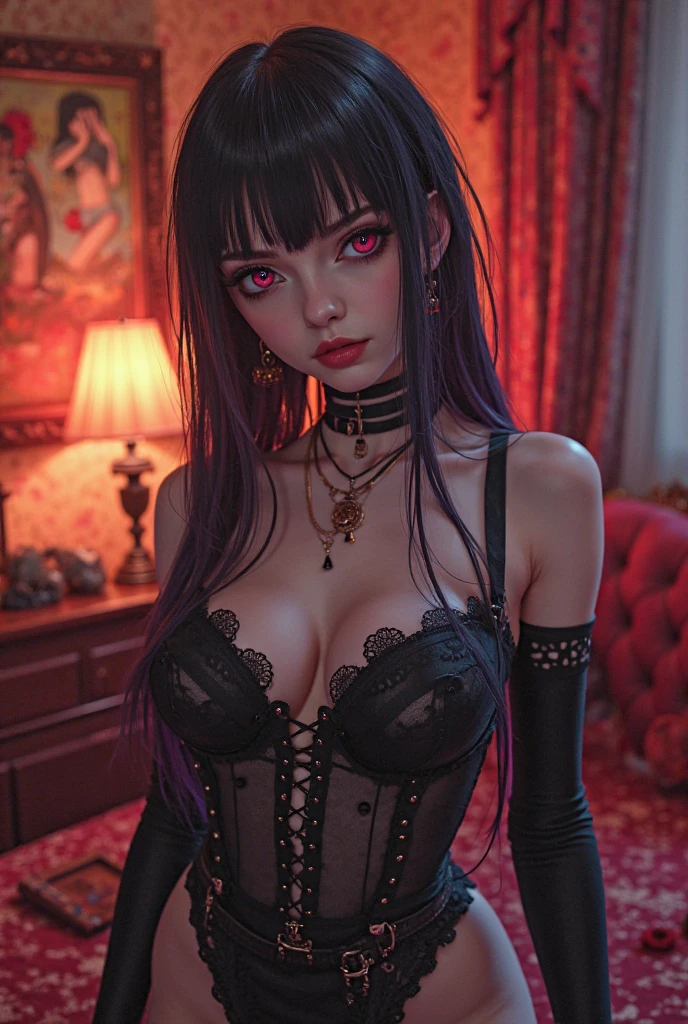alluring succubus, ((biting her lips and seducing)), (sensual pose), gothic red lingerie, torn lingerie 8k res , highly detailed and sophisticated, Aheago face, huge hanging boobs seducing them with hands, begging for cum, gothic background, succubus in bed, full body image, perfect cinematic lighting, perfect round ass, beautiful black and pink flowy hair,