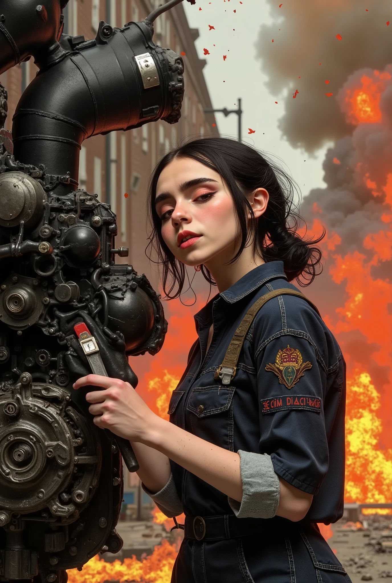 woman mechanic, fixing a giang motor, realistic image, photo take by and iphone, action image, fury face, explotion in the backgourd