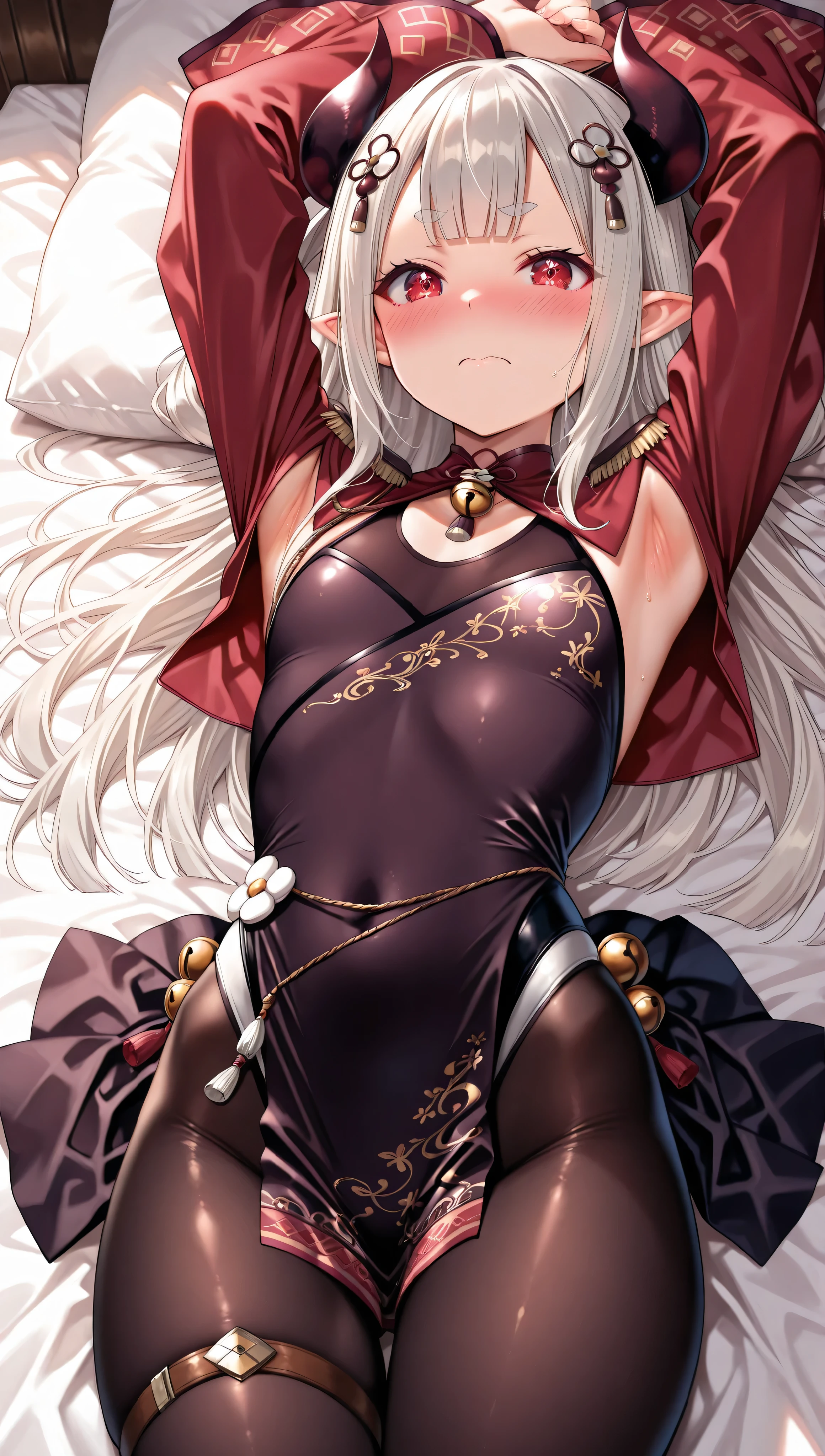 solo,masterpiece,best quality,super fine illustration、finely detail 、clear picture、UHD、HDR, amazing quality, highres, absurdres, very aesthetic, high resolution, ultra detailed, perfect details,(masterpiece, detailed:1.2)、nijinaraka,flat chest,red eyes,diamond-shaped pupils,symbol pupils,short eyebrows,grey hair,white hair,pointy ears,demon horns,long hair,hair rings,blunt bangs,hair ornament,nijinarakacos,black dress,print dress,leotard under clothes,pelvic curtain,red shrug\(clothing\),red jacket,crop top jacket,epaulettes,red sleeves,saggy sleeves,print sleeves,long sleeves,wide sleeves,ornament around waist,thigh band,jingle bell,black pantyhose,print pantyhose,,lie on own back,embarrassed、lie on own back,armpit focus,embarrassed