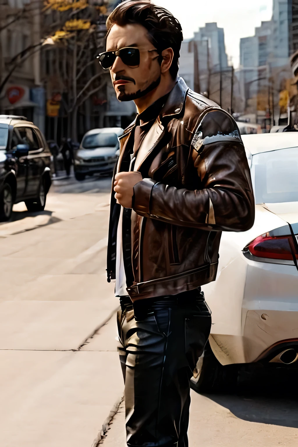 Can you draw the expression of the man wearing sunglasses,Can you draw the expression of a man with standing hair,more delicately,Beard,leather jacket、white shirt,Leather shoes,Leather Pants,Person with a rifle ,City,、reality, Picture