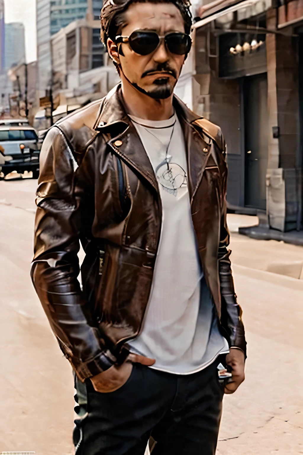 Can you draw the expression of the man wearing sunglasses,Can you draw the expression of a man with standing hair,more delicately,Beard,leather jacket、white shirt,Leather shoes,Leather Pants,Person with a rifle ,City,、reality, Picture